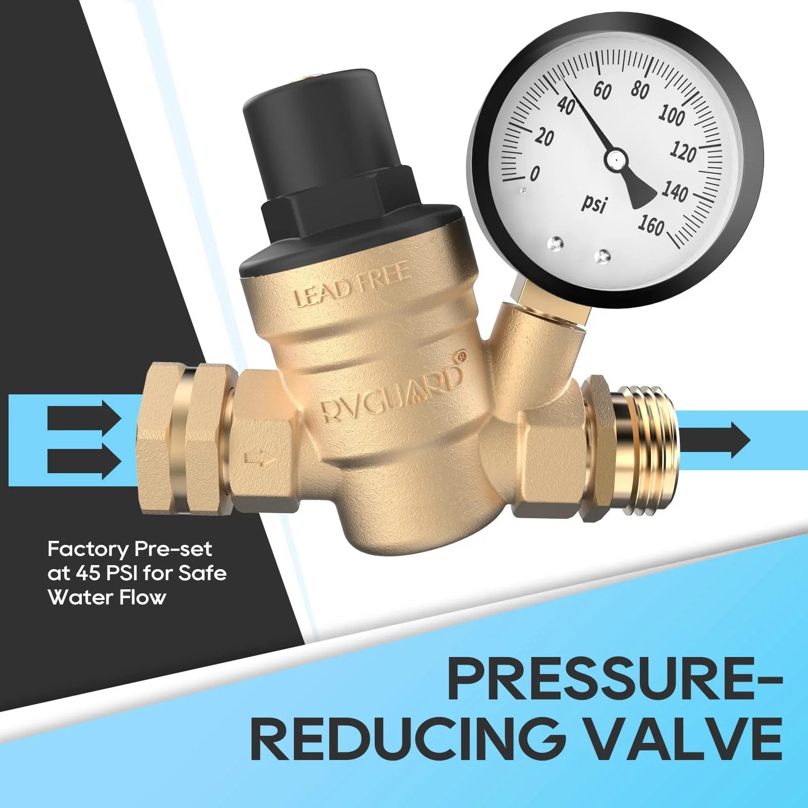 Adjustable Lead Free Brass RV Water Pressure Regulator Valve With Gauge And Inlet Screen Filter For Campers And Travel Trailers Keeps Water Safe Prevents Pipe Damage Easy Install High Flow