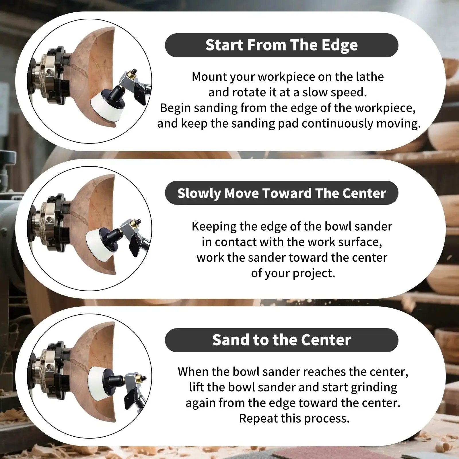 Pro Grade Dual Bearing Bowl Sander Tool Kit For Lathes with sanding instructions on wooden workpiece