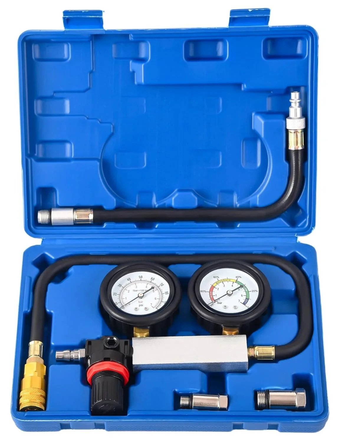 Cylinder Leak Down Tester Kit With Dual Gauge And Pressure Regulator For Gasoline Engines Includes Spark Plug Adapters M10 M12 M14 M18 TU21 Blue