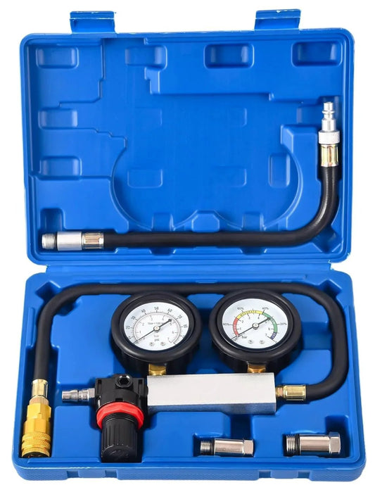 Cylinder Leak Down Tester Kit With Dual Gauge And Pressure Regulator For Gasoline Engines Includes Spark Plug Adapters M10 M12 M14 M18 TU21 Blue