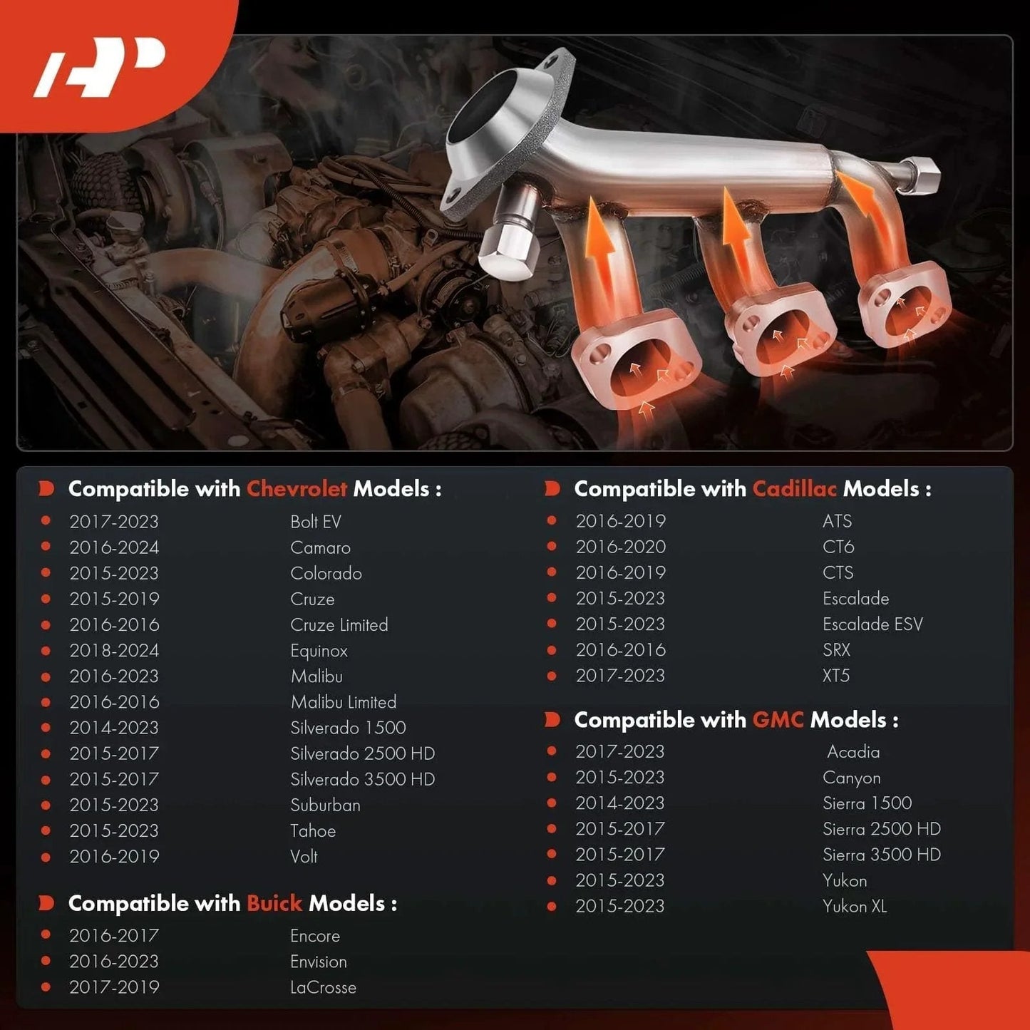 Image of a metallic car part, compatible with Chevrolet, Buick, GMC, and Cadillac models, with a background of engine components.