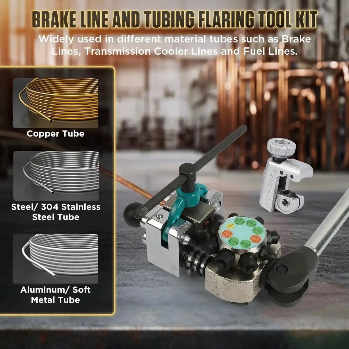 Front view of Brake Flare Tool Kit 45 Degree Single Bubble And Double Flare For 3/16 To 3/8 with various tubing types.