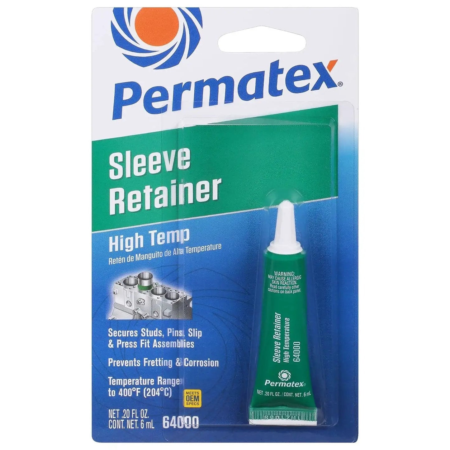 Permatex sleeve retainer package showing product High Temp Sleeve Retainer For Engine Parts That Locks In Slip And Press Fits.
