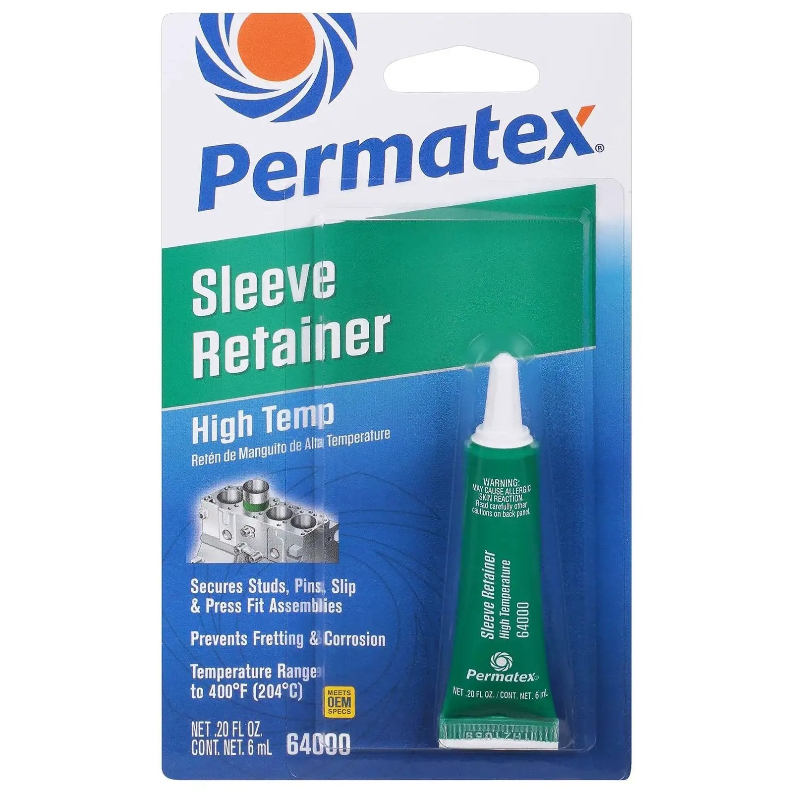 Permatex sleeve retainer package showing product High Temp Sleeve Retainer For Engine Parts That Locks In Slip And Press Fits.