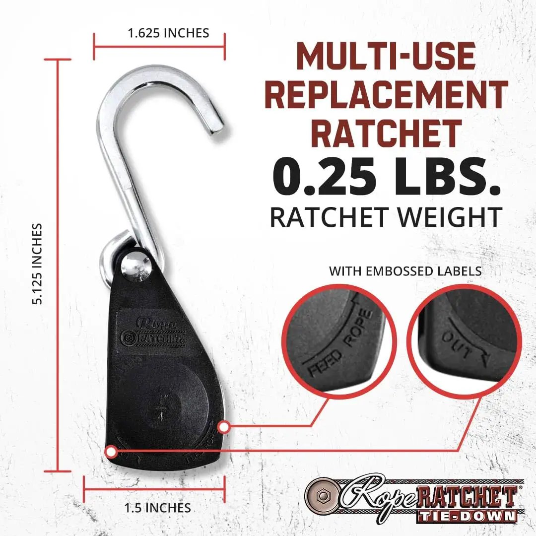Heavy Duty Rope Ratchet Tie Down Pulley Hanger With Locking Mechanism For Easy Tensioning Of Shade Sails Hammocks Canopies And Outdoor Gear Works With One Quarter Inch Rope And Delivers A 150 Pound Capacity No Rope Included, with dimensions and embossed labels visible.