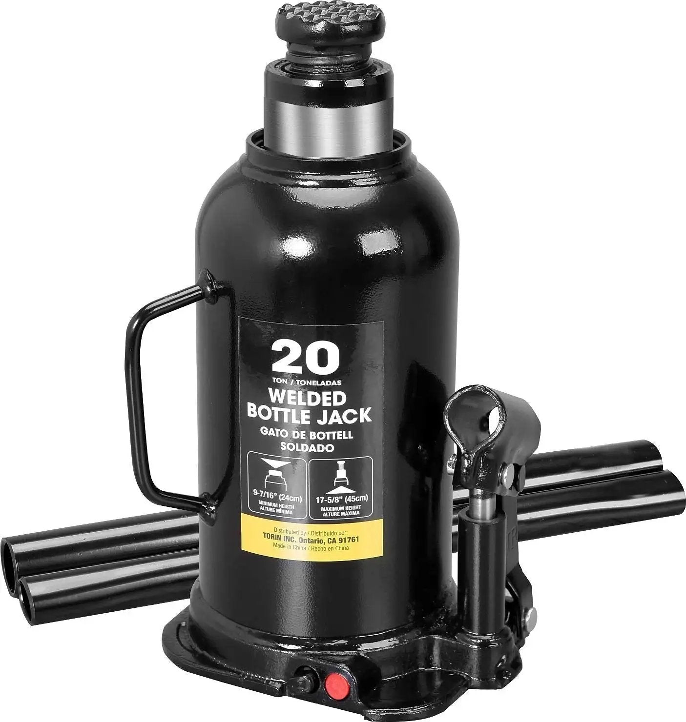 20 Ton Hydraulic Bottle Jack For Cars Trucks And SUVs Welded Heavy Duty Lift Range 9.4375 Inches To 17.625 Inches With Serrated Heat Treated Saddle For Secure Grip And Durable Support In Black
