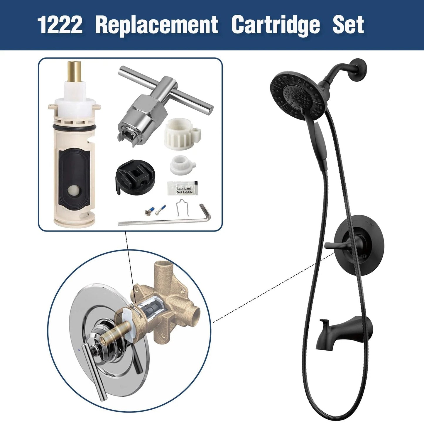 Universal Moen 1222 Cartridge Kit Replacement With Removal Tool And Handle Adapter 116653 For Posi Temp Shower Repair