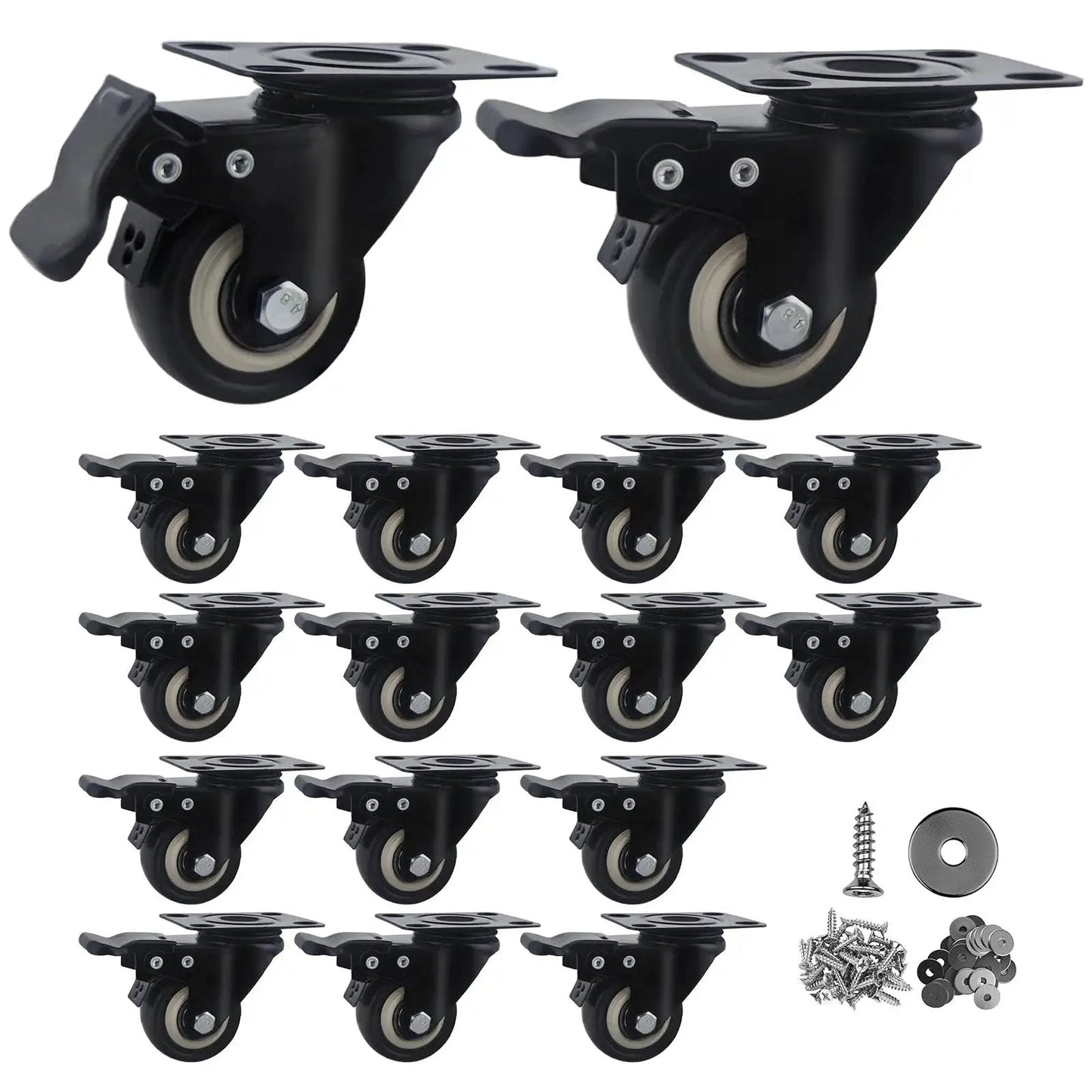 2 Inch Caster Wheels Set Of 16 Heavy Duty Casters With Brakes And Locking Polyurethane Wheels For Furniture And Workbenches