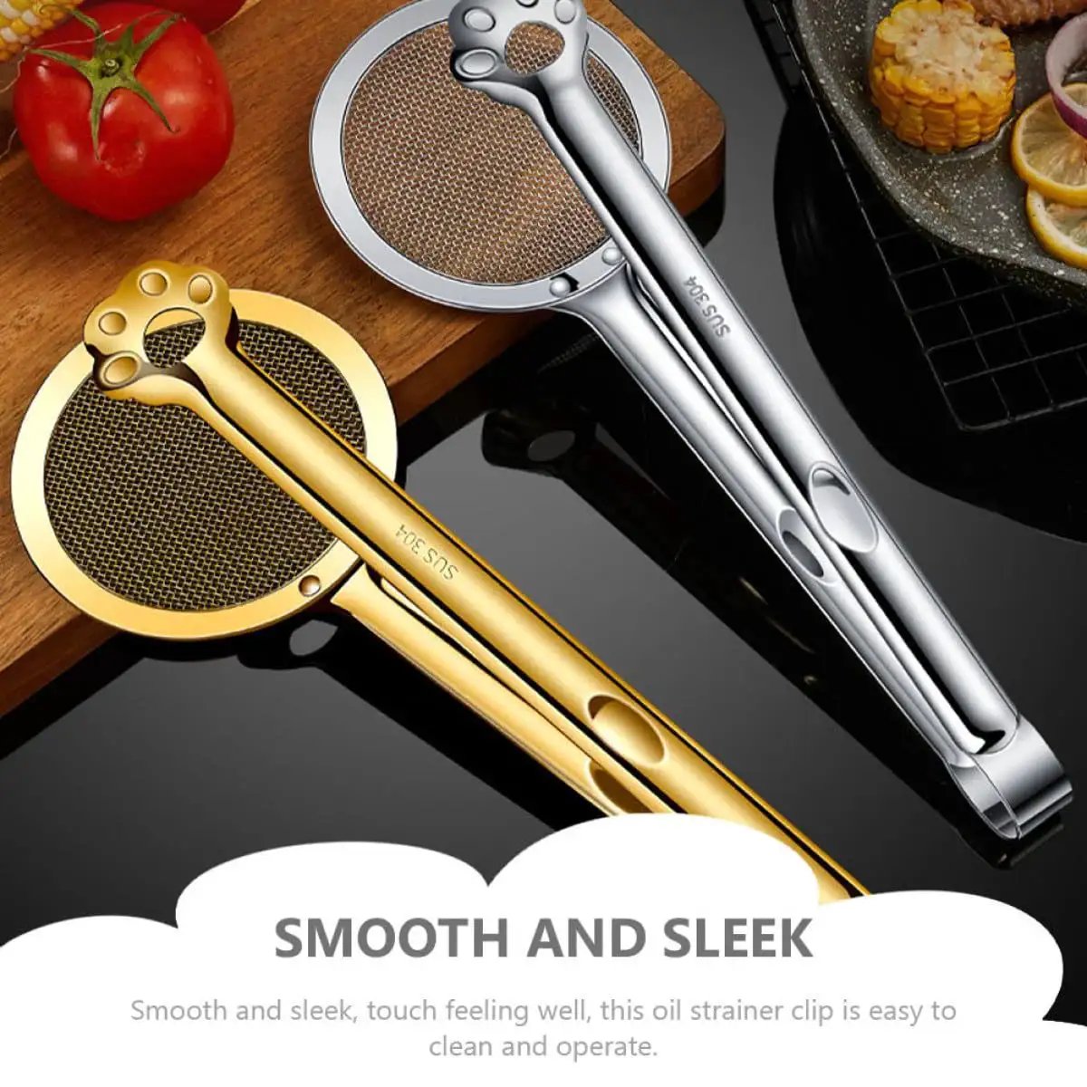 Gold and silver Stainless Steel Oil Strainer Spoon And Frying Oil Filter Clamp With 304 Claw Design on kitchen counter