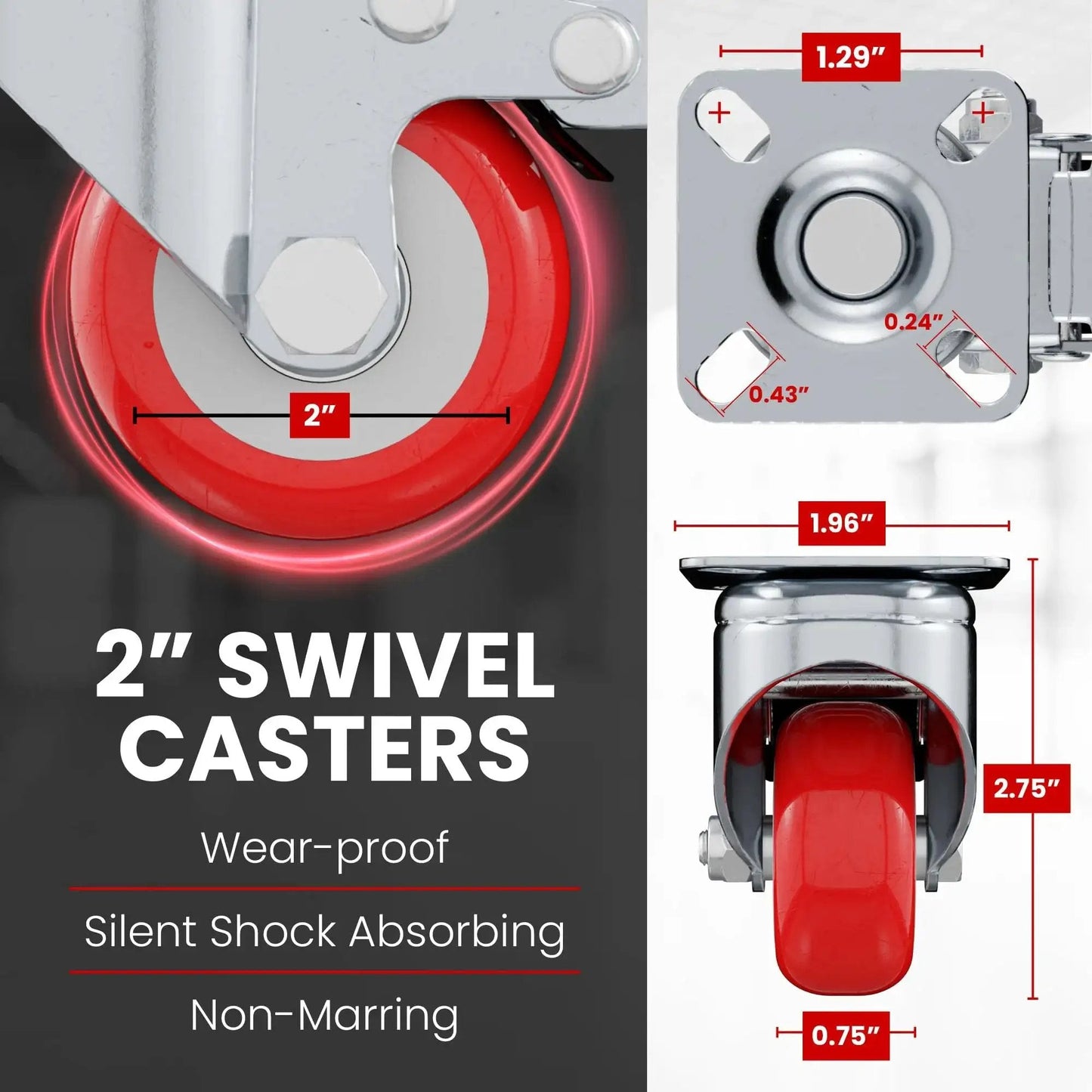 2 inch red polyurethane swivel caster wheels with brakes, focus on plate size 50mm by 50mm and center hole 33mm, detailed dimensions shown.