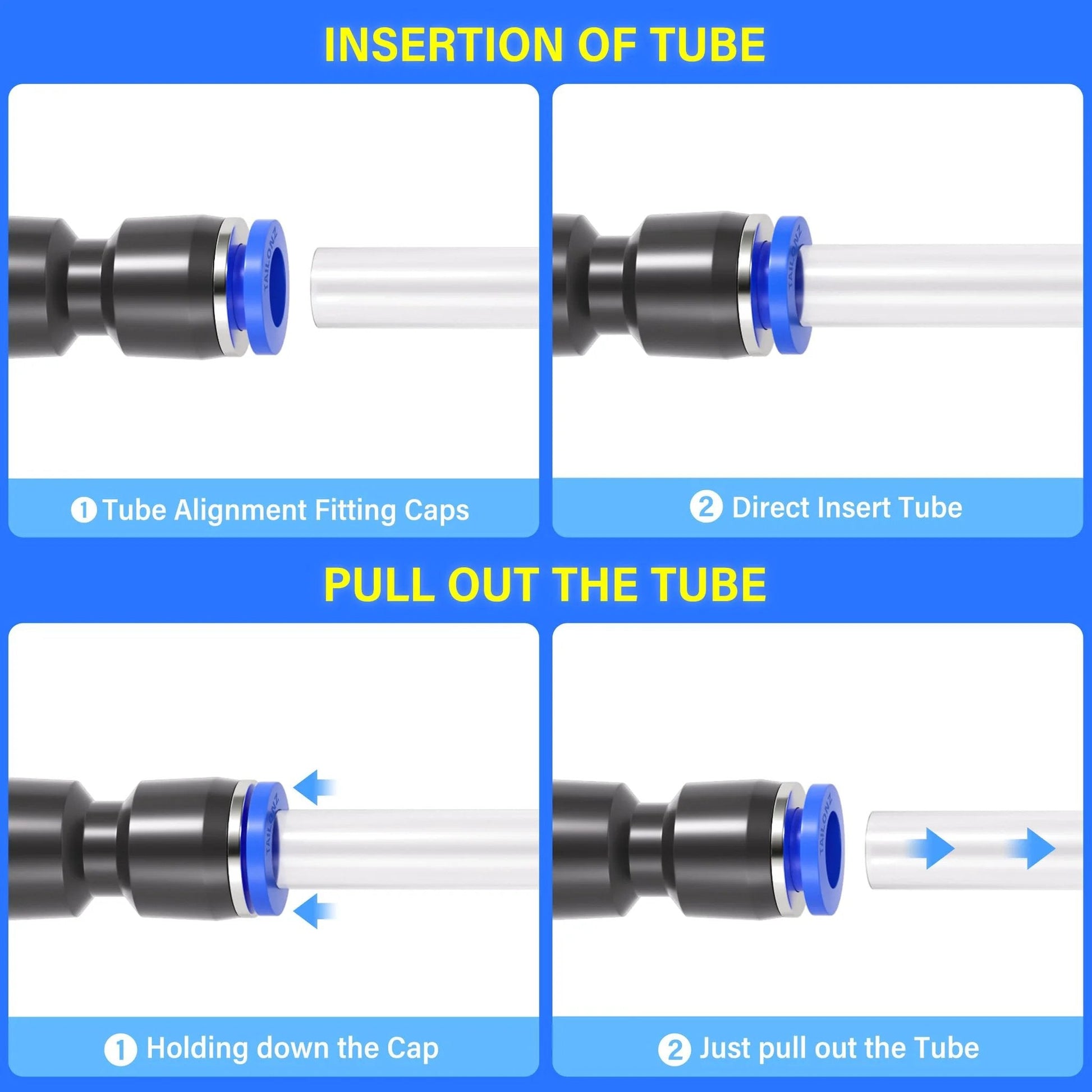 Pneumatic Straight Push Connectors Set Of 50 Pcs For Air Lines Go To 2 Way Quick Release Fittings Tube demonstration of tube insertion and removal