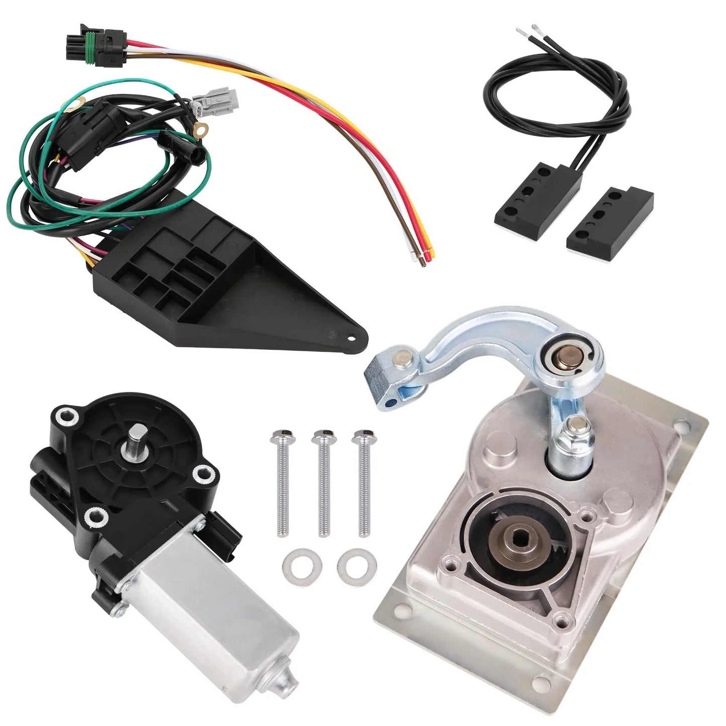 RV Step Motor Conversion Kit With Curved Linkage For Kwikee 22 23 28A 30 32 33 34 35 36 38 40 Series Steps showing parts assembly.