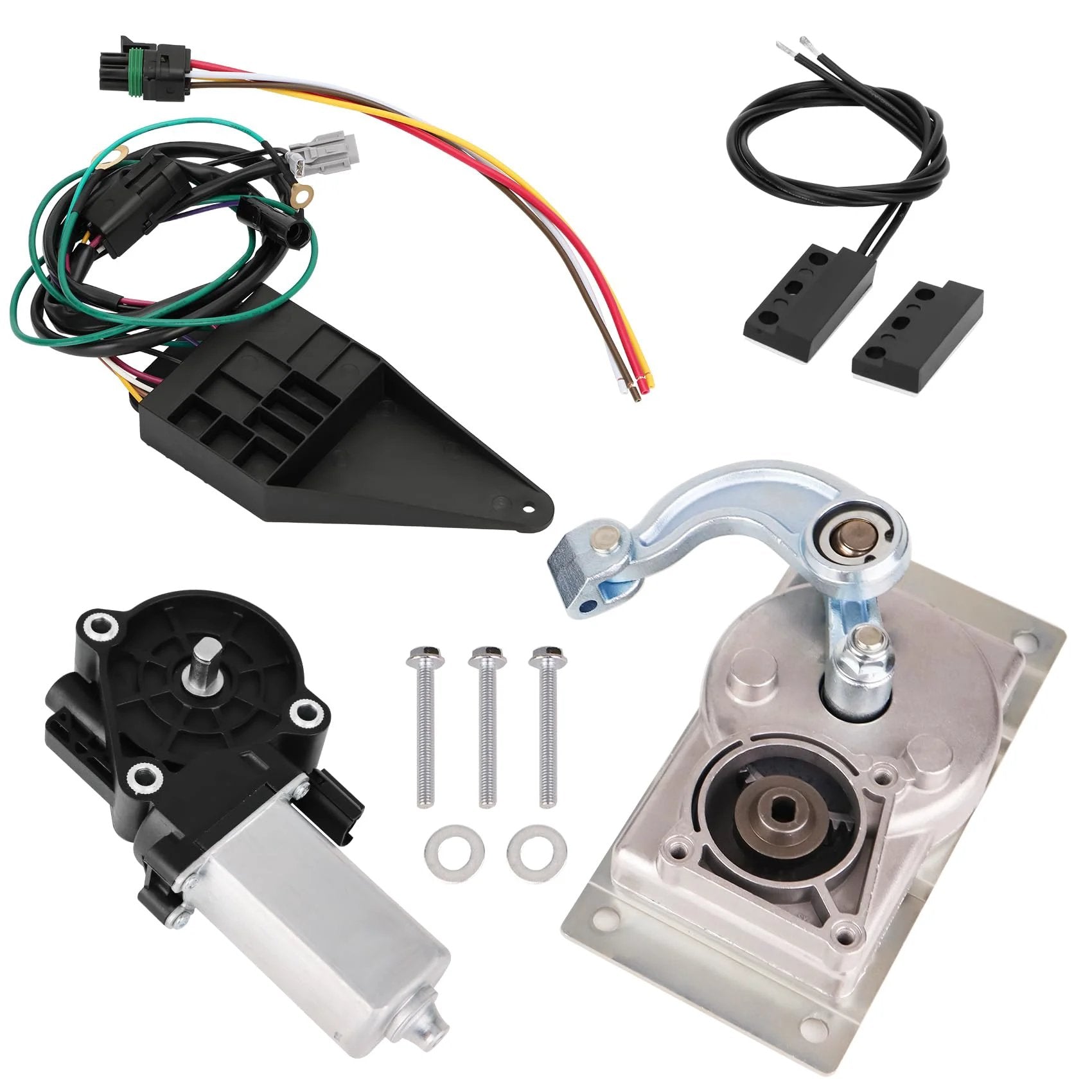 RV Step Motor Conversion Kit With Curved Linkage For Kwikee 22 23 28A 30 32 33 34 35 36 38 40 Series Steps showing parts assembly.