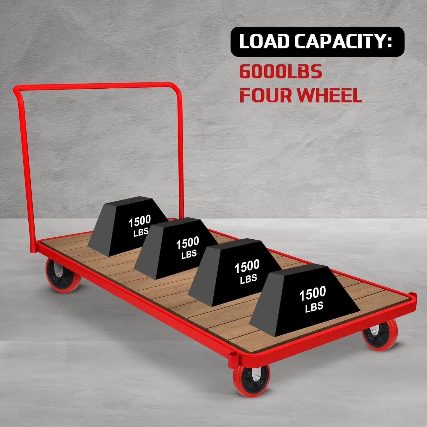 Red industrial trolley with 8 Inch Industrial Caster Wheels Set Of 4 With Polyurethane Tread On Polyolefin Core, 6000 lb capacity weights.