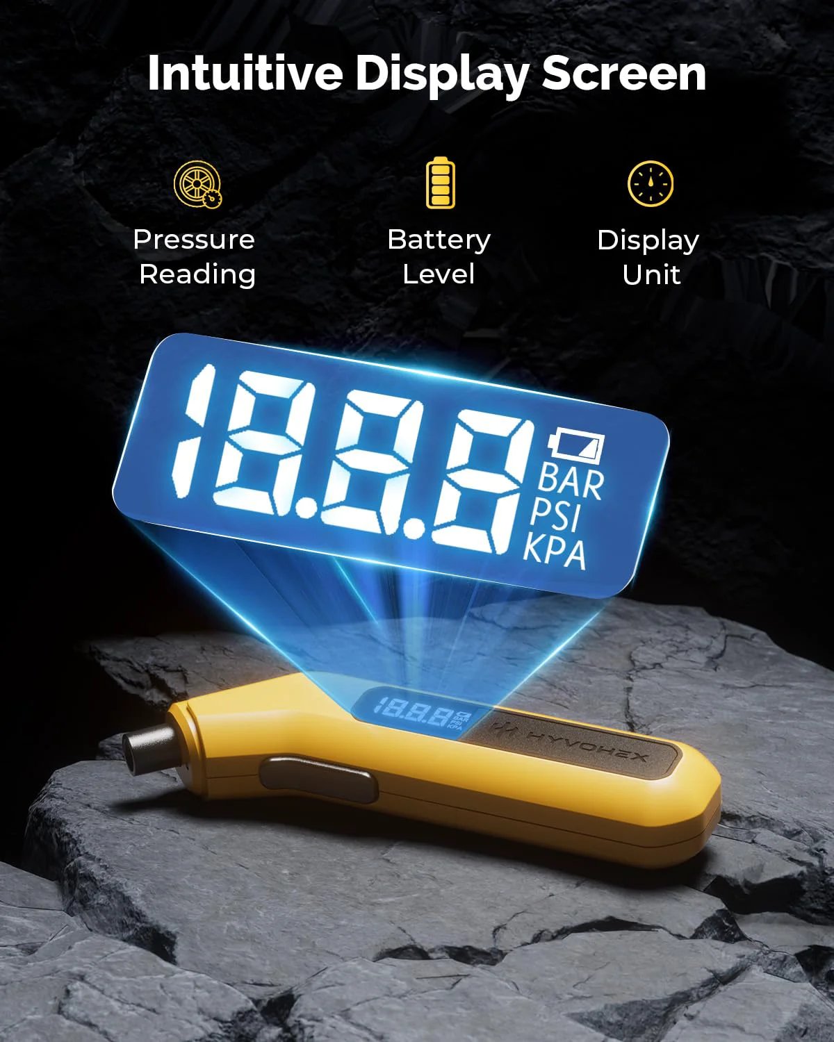 Fast And Accurate Digital Tire Pressure Gauge With Backlit LED Display, 200 PSI For Cars, Trucks, Motorcycles, And Bicycles shown on rocky surface