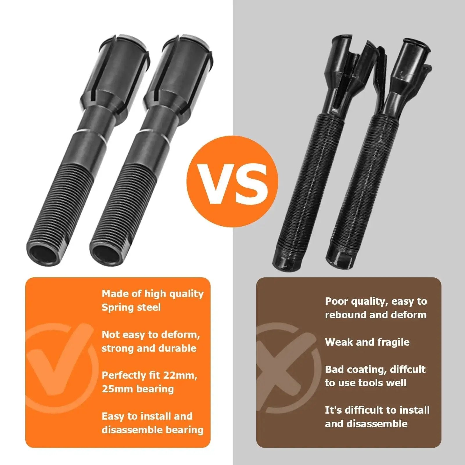 Comparison of two Inner Cam Bearing Installer And Puller Tools for Harley Twin Cam Engines 1999 To 2017, highlighting quality differences.