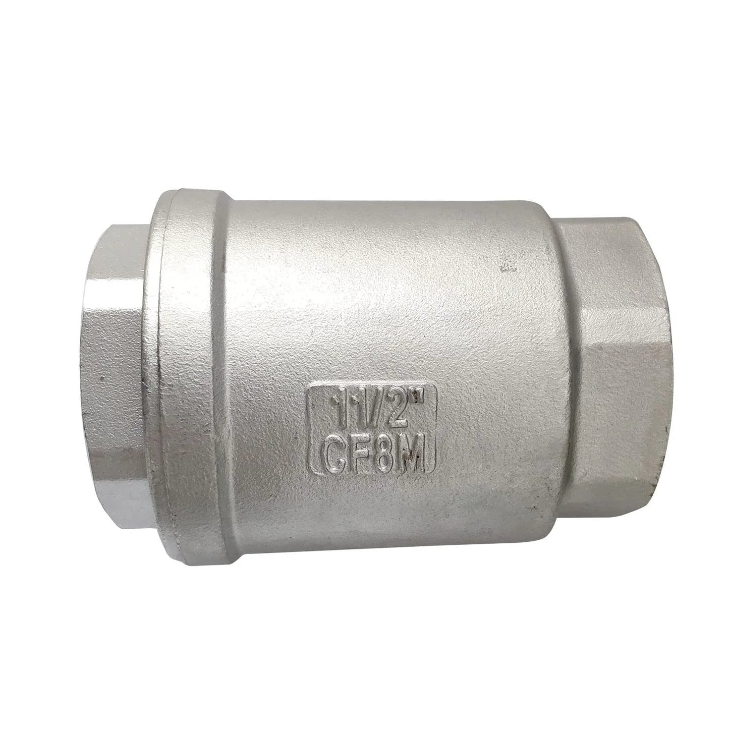 Vertical Heavy Duty Inline Check Valve One And One Half Inch Female NPT Spring Loaded 4.5 PSI Cracking Pressure 304 Stainless Steel CF8M