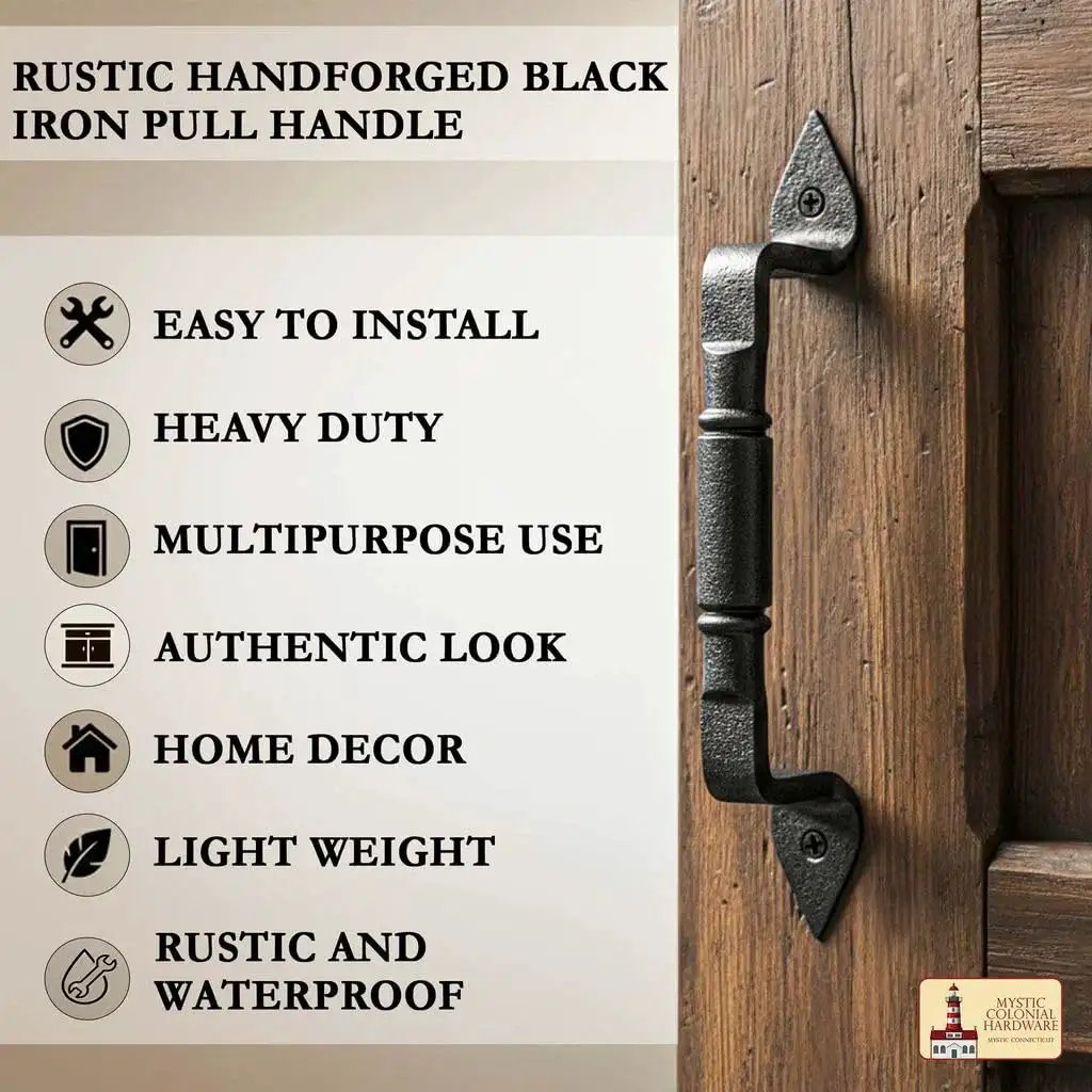 Mystic Colonial Rustic Cast Iron Barn Door Handles Set Of 2 In Black Finish installed on wooden door showing key features