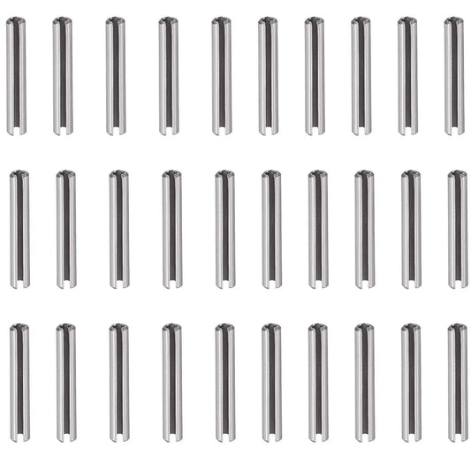 30 Pack Slotted Spring Pins Stainless Steel 6mm By 35mm arranged in rows for DIY projects and automotive machinery heavy duty use.