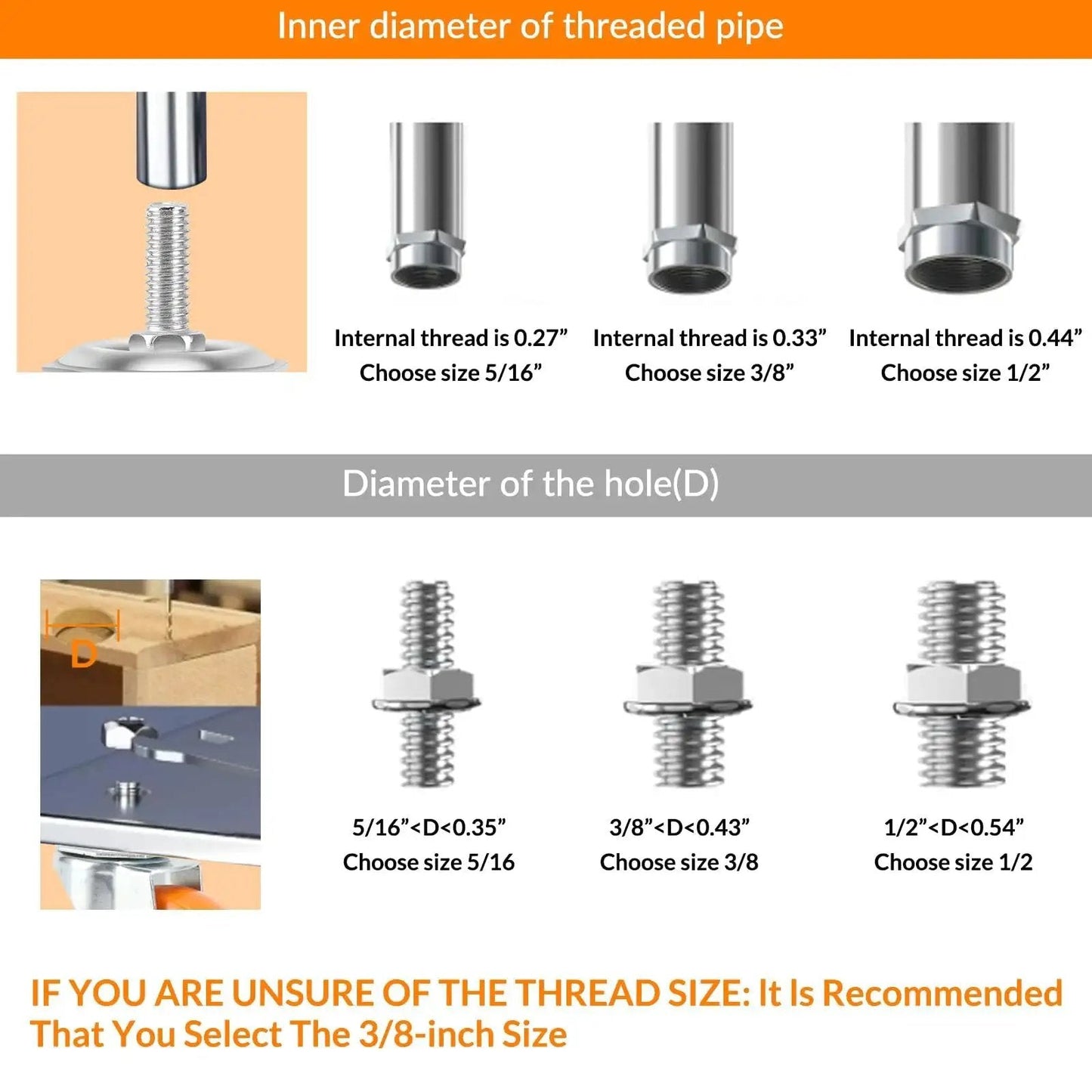 Thread size chart for Beefy Heavy Duty 3 Inch Caster Wheels Set Of Four With Locking Swivel Casters And Brakes showing inner diameter options.