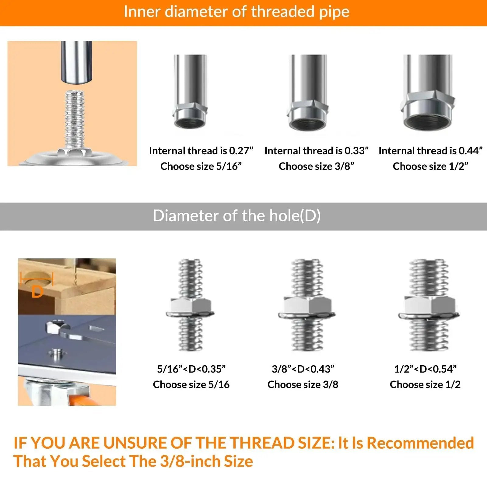 Thread size chart for Beefy Heavy Duty 3 Inch Caster Wheels Set Of Four With Locking Swivel Casters And Brakes showing inner diameter options.