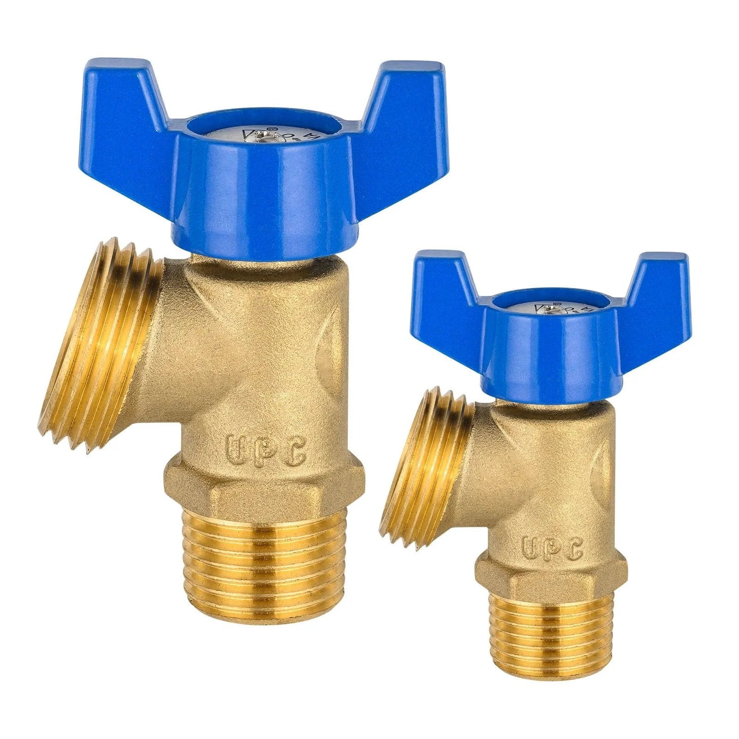 Two Pack Brass Boiler Drain Valve Set One Half Inch MIP To Three Quarter Inch MHT Connections with blue handles