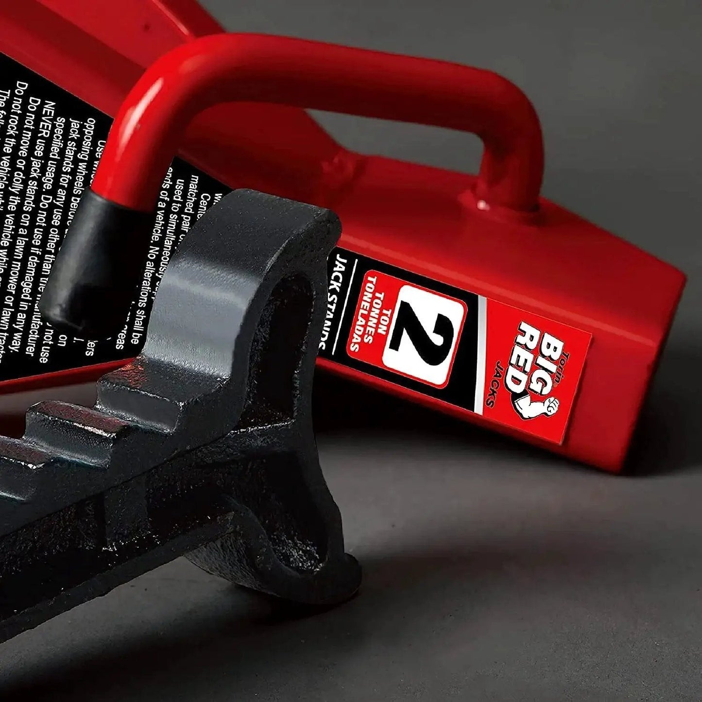 Close-up of 2 Ton Steel Car Jack Stands Pair 4000 Lb Capacity With Welded Frame showing label and support structure.