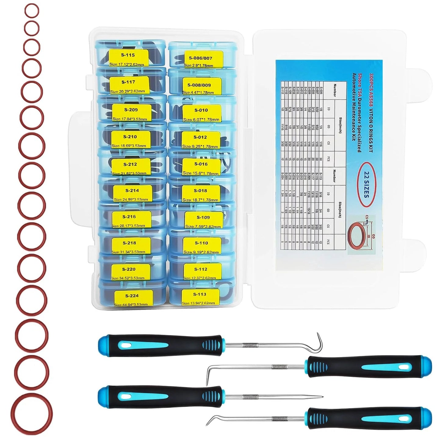 Viton O Ring Kit 300 Pcs FKM 22 Sizes SAE AS568 Auto Fluid System O Rings Set High Temp Oil Resistant Assortment
