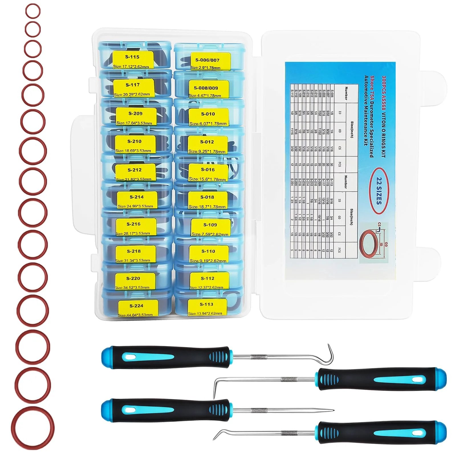 Viton O Ring Kit 300 Pcs FKM 22 Sizes SAE AS568 Auto Fluid System O Rings Set High Temp Oil Resistant Assortment