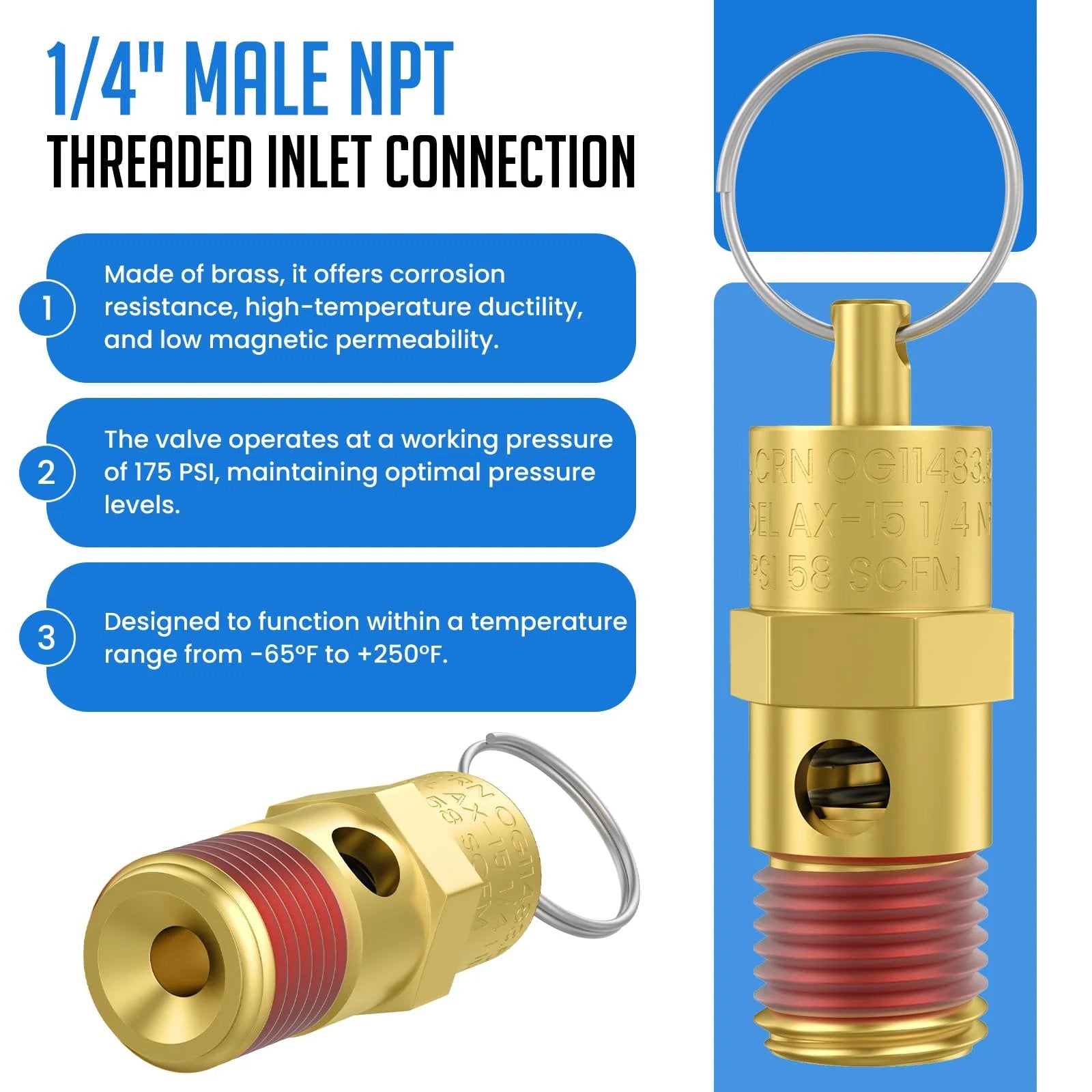 Brass Safety Valve For Air Compressors 175 PSI Pressure Relief One Quarter Inch NPT Male Threads Two Pack Tank Pop Off Valves Automatic Overpressure Vent For Safe Reliable Compressor Operation, side view.