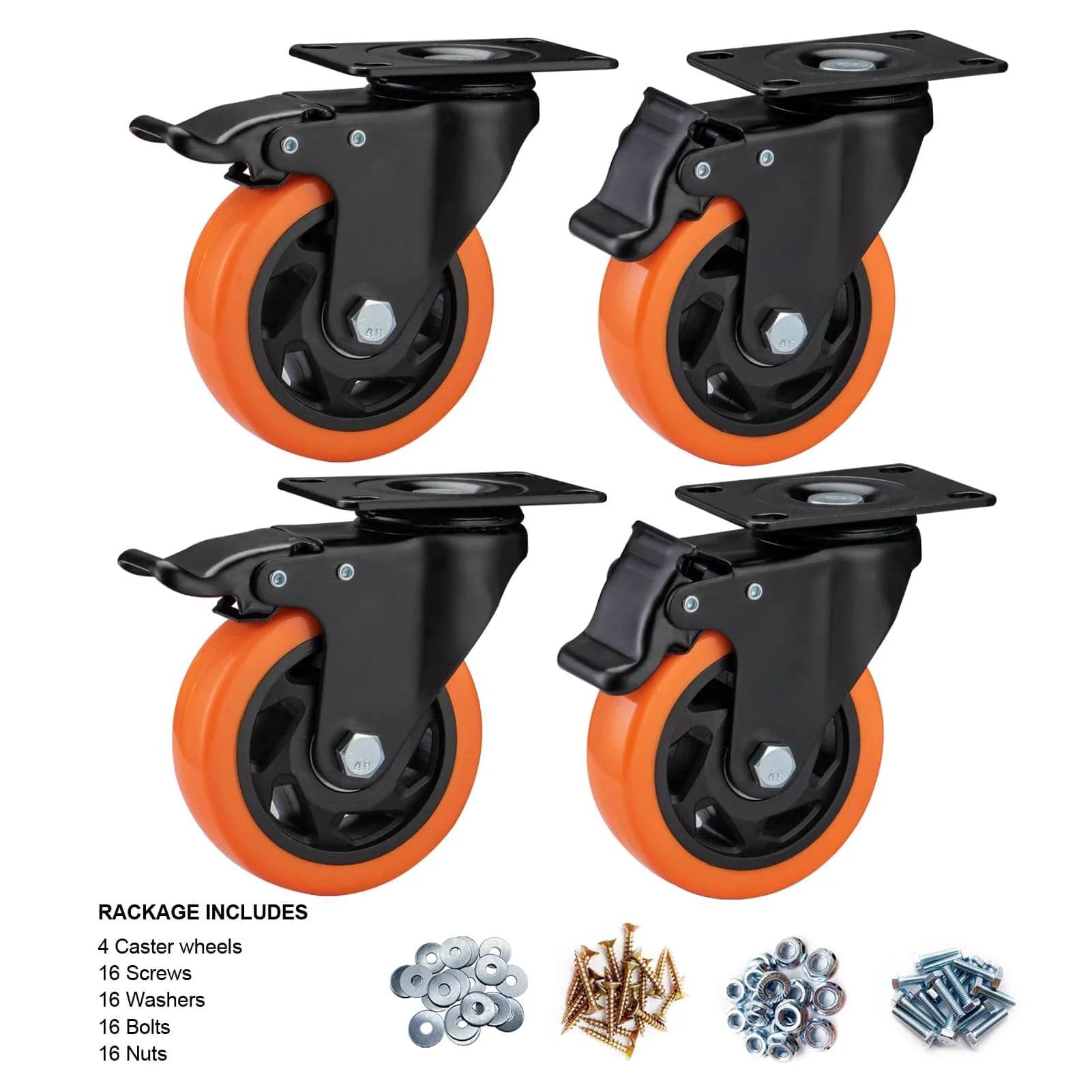4" Caster Wheels, Heavy Duty Set of 4 - Orange Polyurethane Top Plate Swivel Casters with accessories included.
