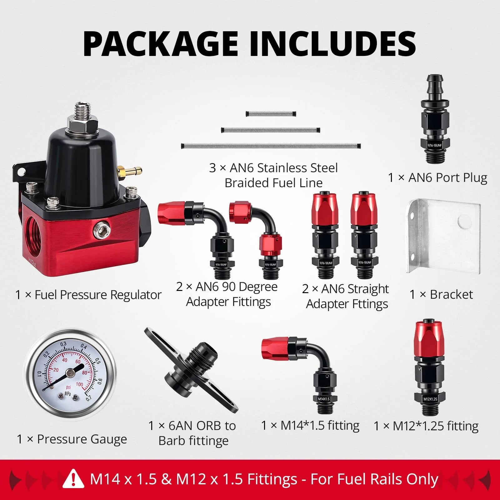 Adjustable 6AN EFI Fuel Pressure Regulator Return Bypass kit with fittings, gauge, braided fuel lines, bracket, and port plug.
