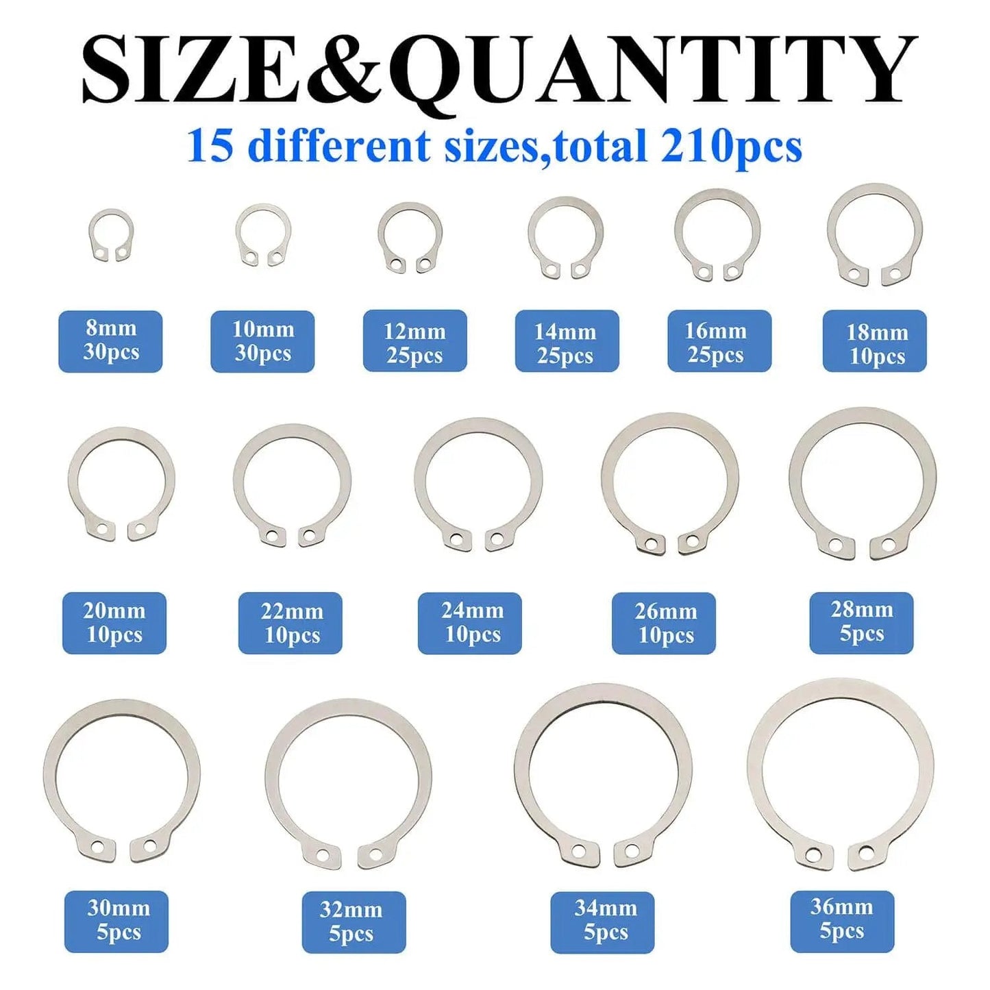210 pcs 304 stainless steel external C clips set for shafts and cylinders 8mm to 36mm retaining snap ring assortment kit sizes shown