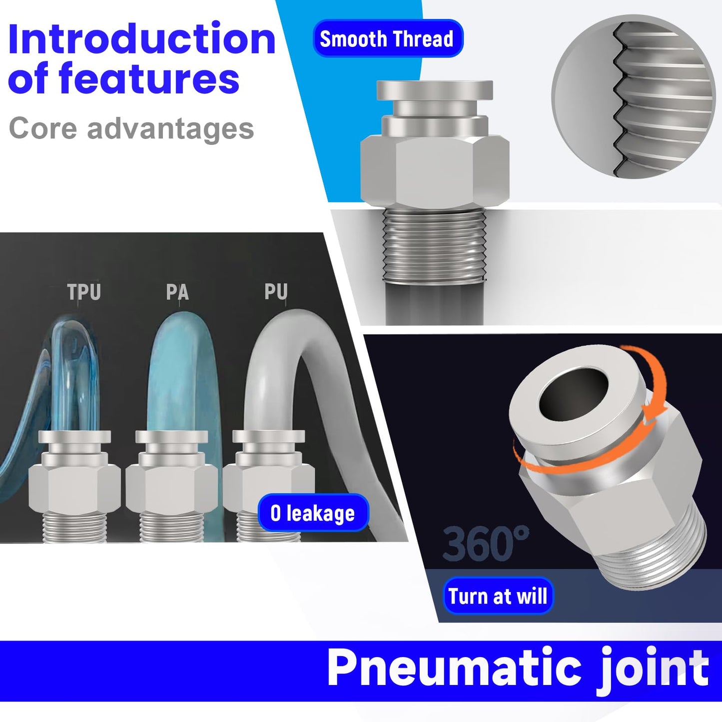Focus keyword: Premium 304 Stainless Steel Push To Connect Fittings For One Quarter Inch OD Tubing And One Quarter Inch NPT Thread Straight Male Quick Connect Pneumatic Air Line Hose Fittings Accessories 6 Pack By EterMutable; Image shows features and potential application of fittings including TPU, PA, PU material usage, smooth thread design, and leak-free performance.