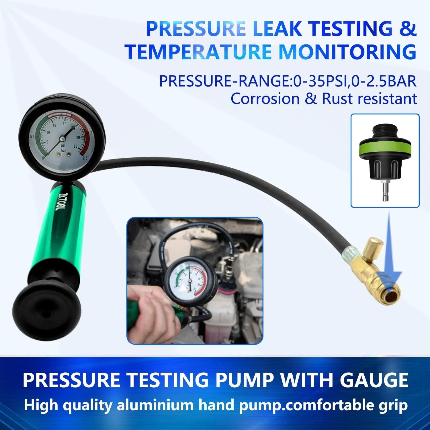 Aluminum Radiator Pressure Tester With Gauge For Auto Cooling System Universal Hand Pump With Multiple Adapters ZKTOOL