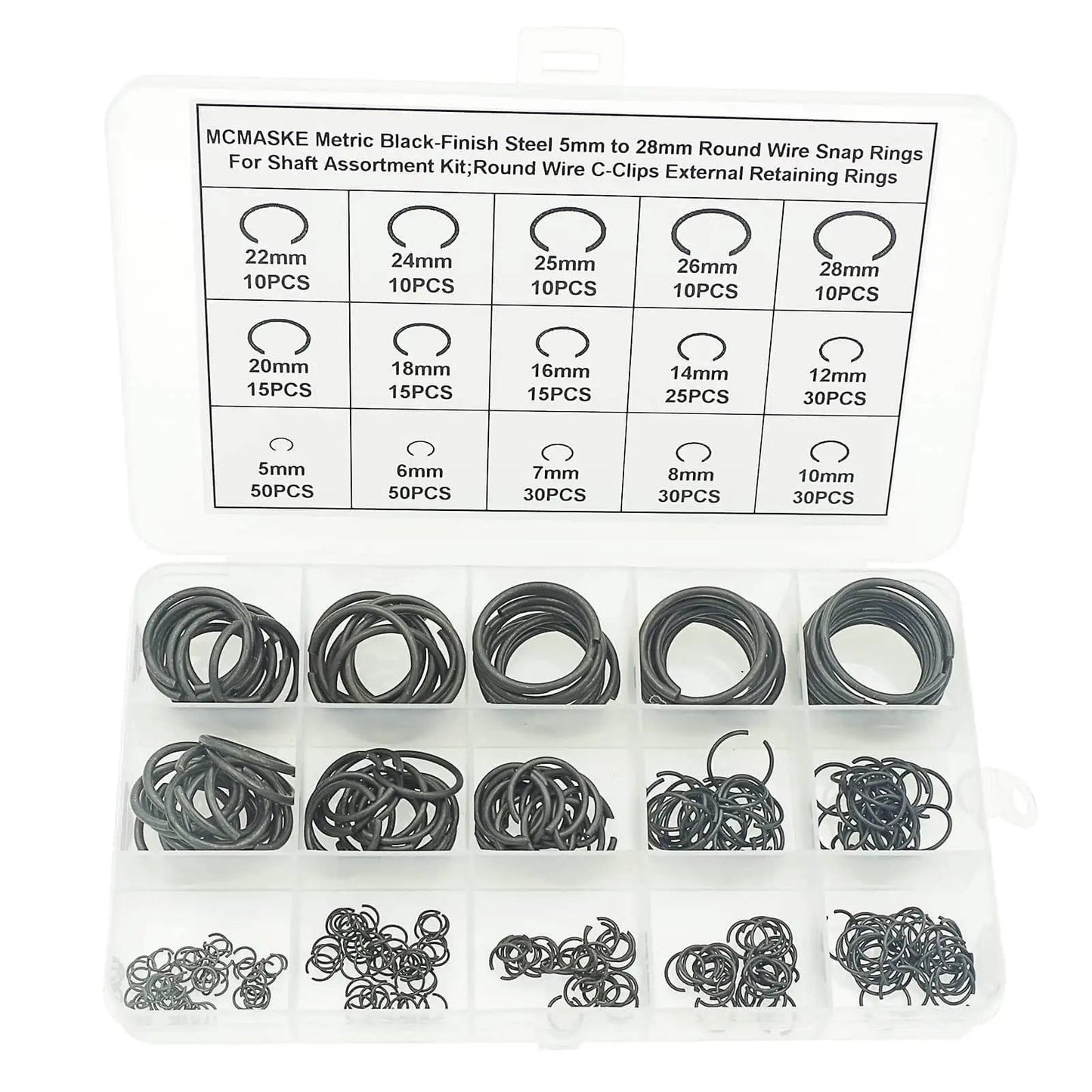 Complete 340-Piece Round Wire C-Clips External Retaining Rings Assortment Kit 5mm To 28mm For Shafts Black Finish Steel Snap Ring Set