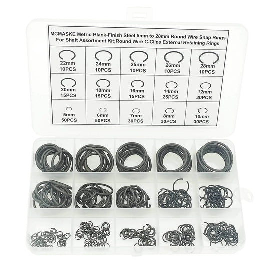 Complete 340-Piece Round Wire C-Clips External Retaining Rings Assortment Kit 5mm To 28mm For Shafts Black Finish Steel Snap Ring Set