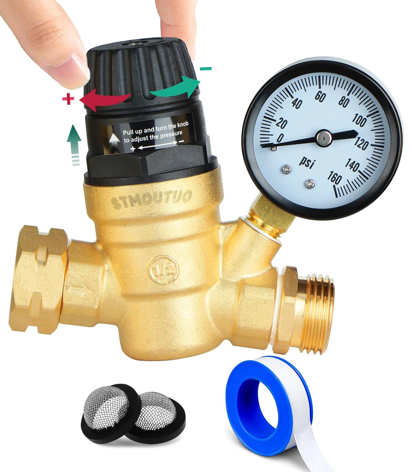 Brass Lead Free RV Water Pressure Regulator For Camper With 0-160 PSI Adjustable Gauge Built In Filter Easy Install Reducer Valve