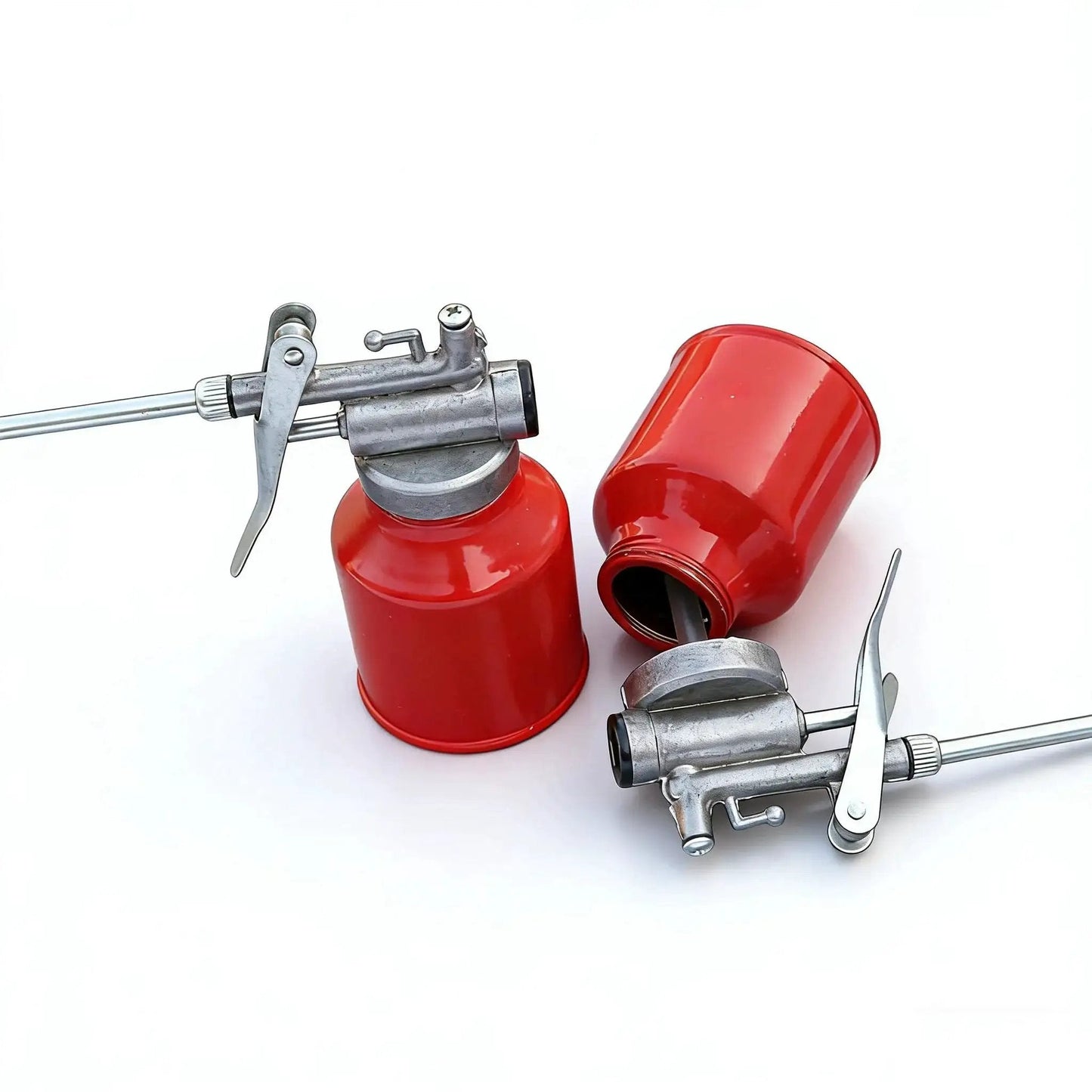 Red 250ml Hand Pump Oil Can With Straight Spout High Pressure Metal Oiler Bottle, red aluminum zinc with easy grip handle.