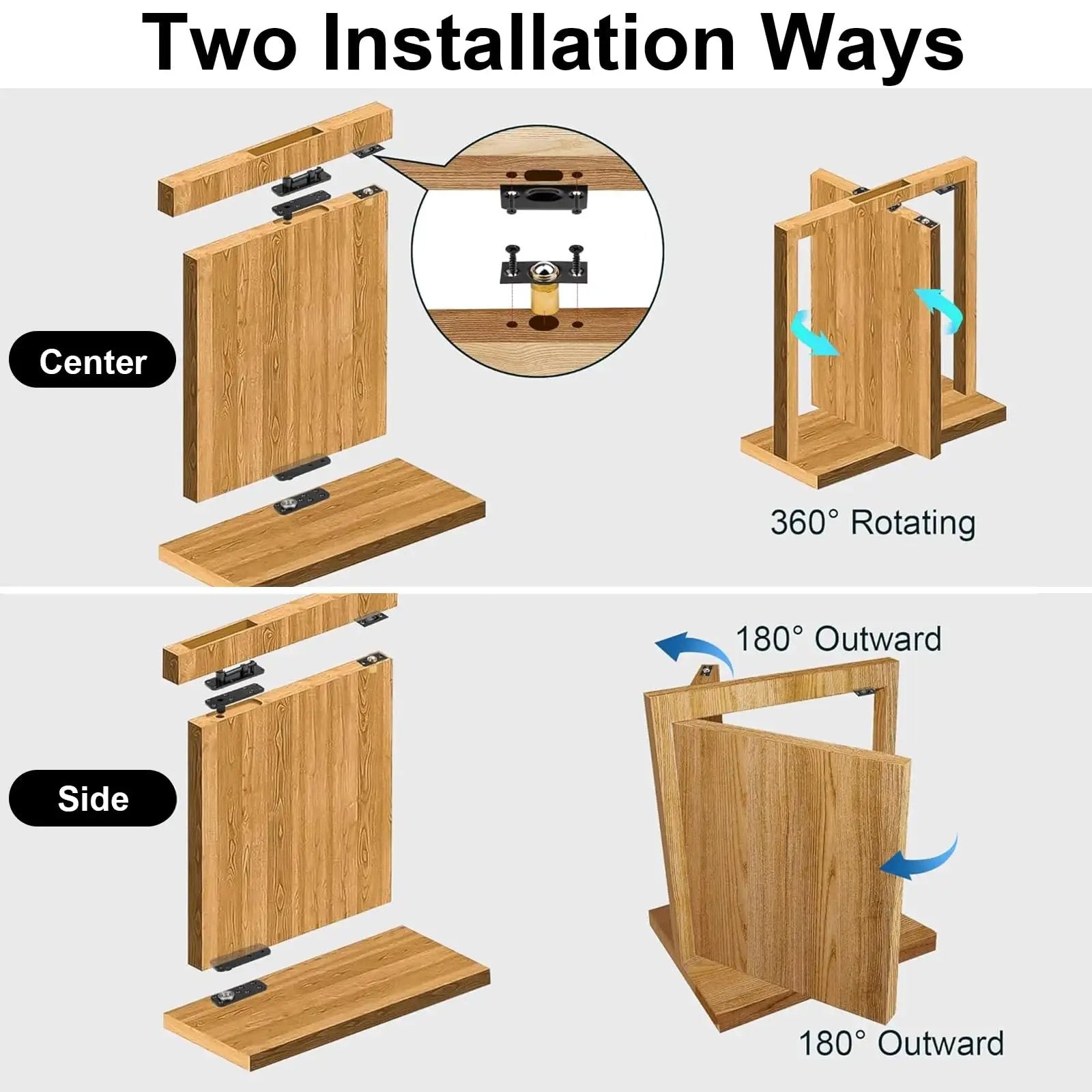 Diagram of Hidden Door Hinge Pivot Kit showing center and side installation for secret doors and bookcases.