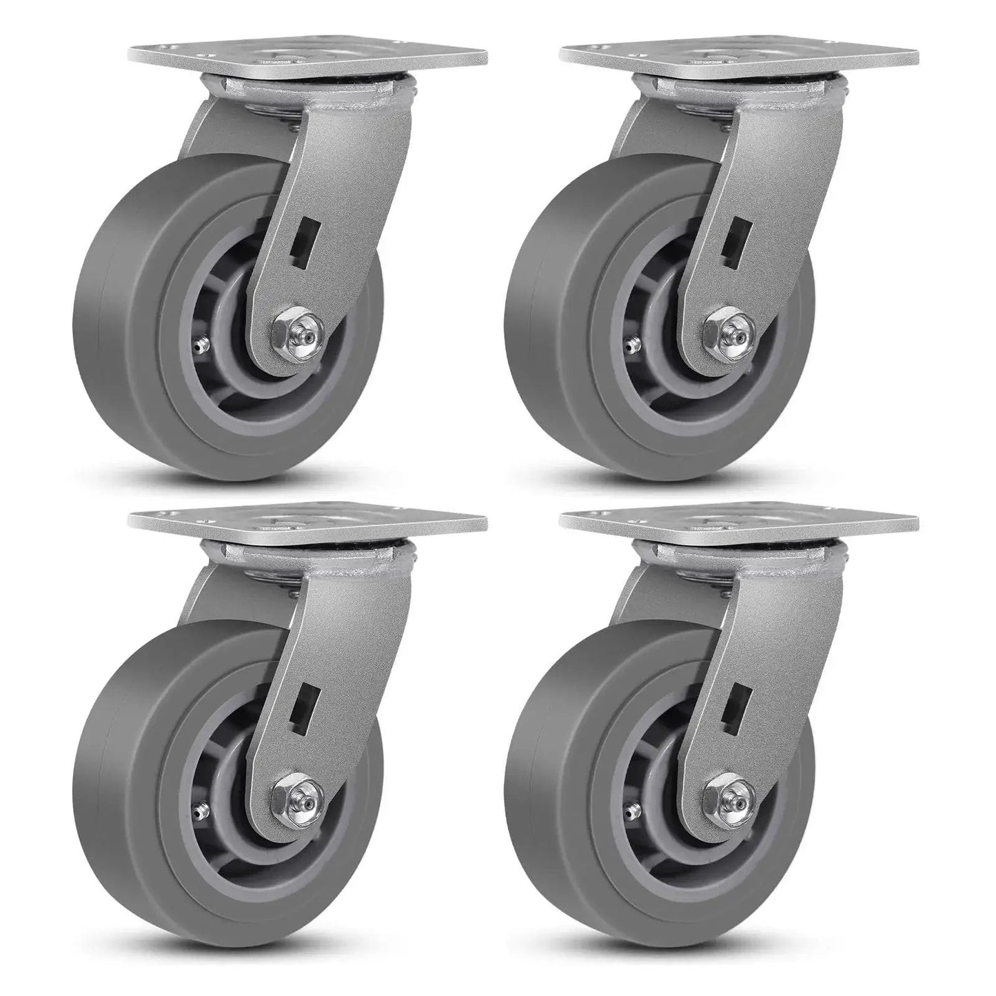 Set of 4 gray 5 Inch Heavy Duty Swivel Caster Wheels for carts, industrial use, thermoplastic rubber, abrasion and shock resistant.