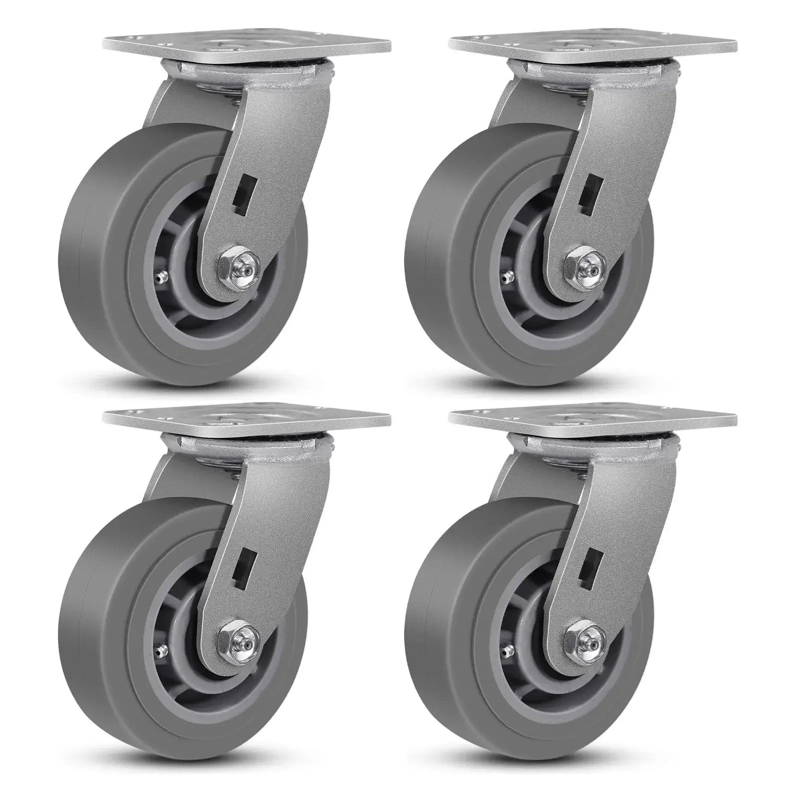 Set of 4 gray 5 Inch Heavy Duty Swivel Caster Wheels for carts, industrial use, thermoplastic rubber, abrasion and shock resistant.