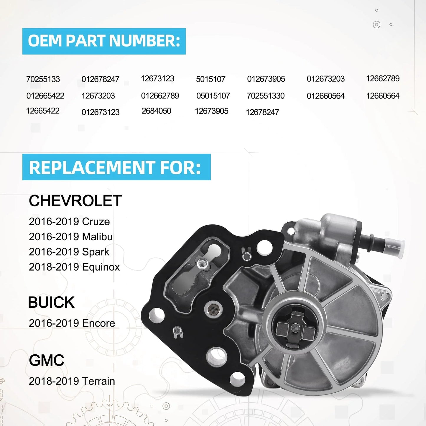 Image of Brake Vacuum Pump Replacement For Chevy Cruze 2016 to 2019 Buick Encore 2016 to 2019 Equinox 2018 to 2022 OEM 12684050