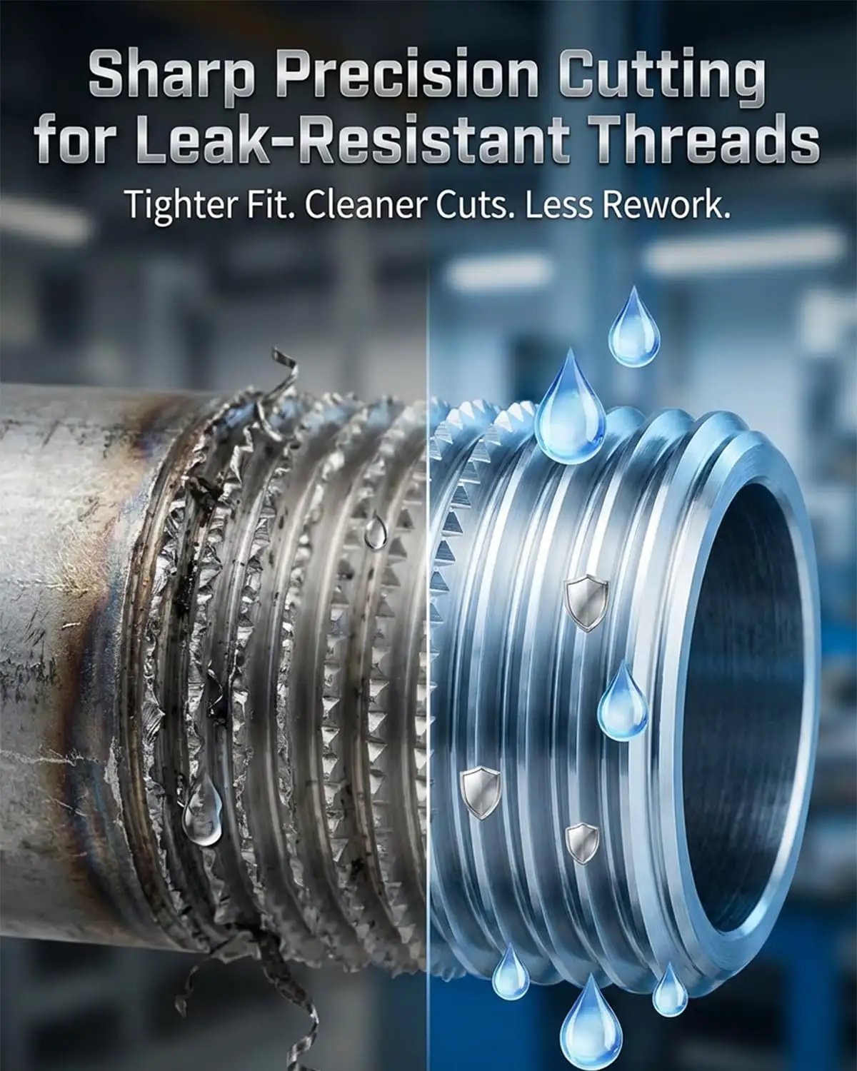 Close-up of pipe with and without precision thread, showcasing sharp cutting for leak-resistant threads with water droplets.
