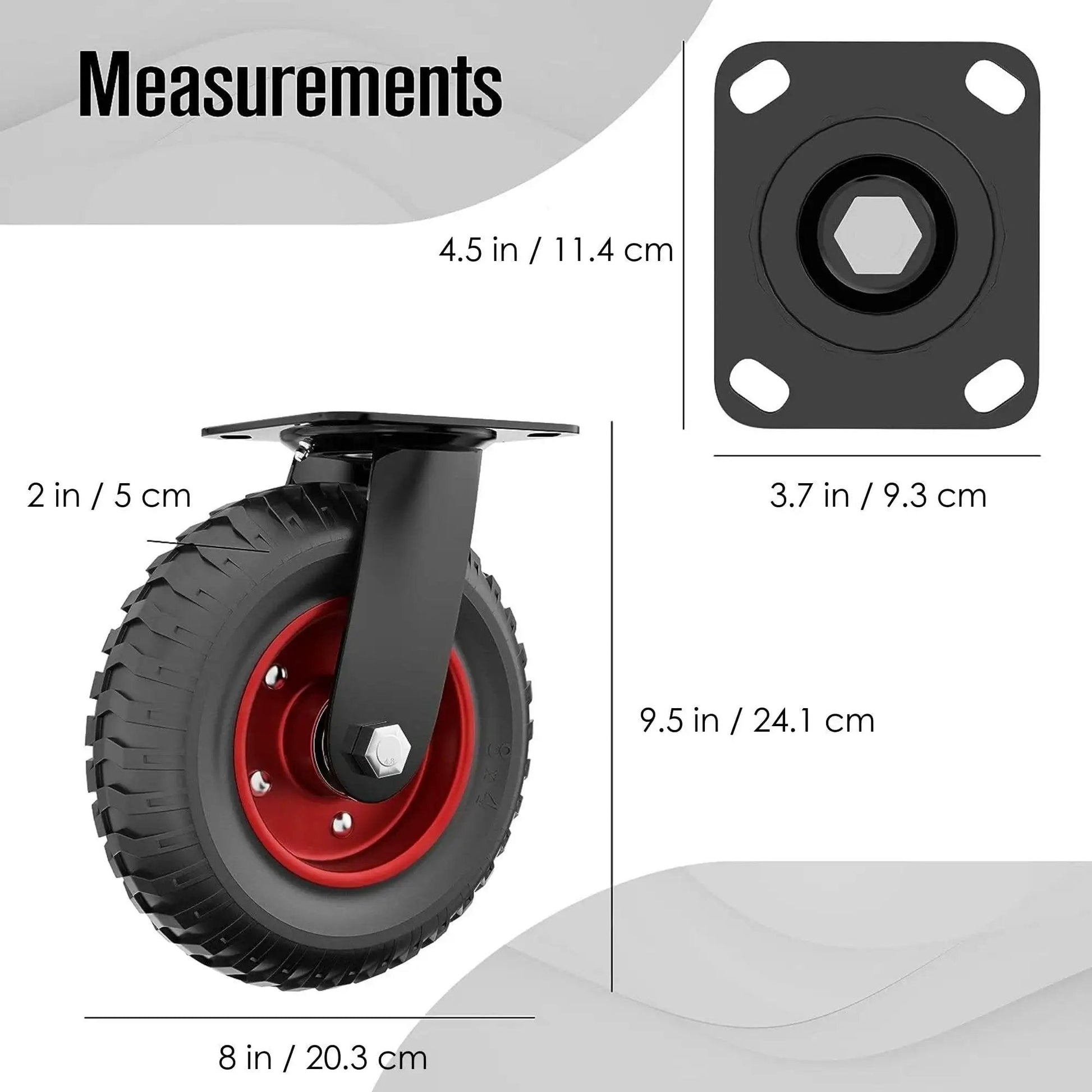 8 Inch Heavy Duty Swivel Caster Wheels With Polyurethane Flat Free Tire For All Terrain Outdoor Use, front view with measurements