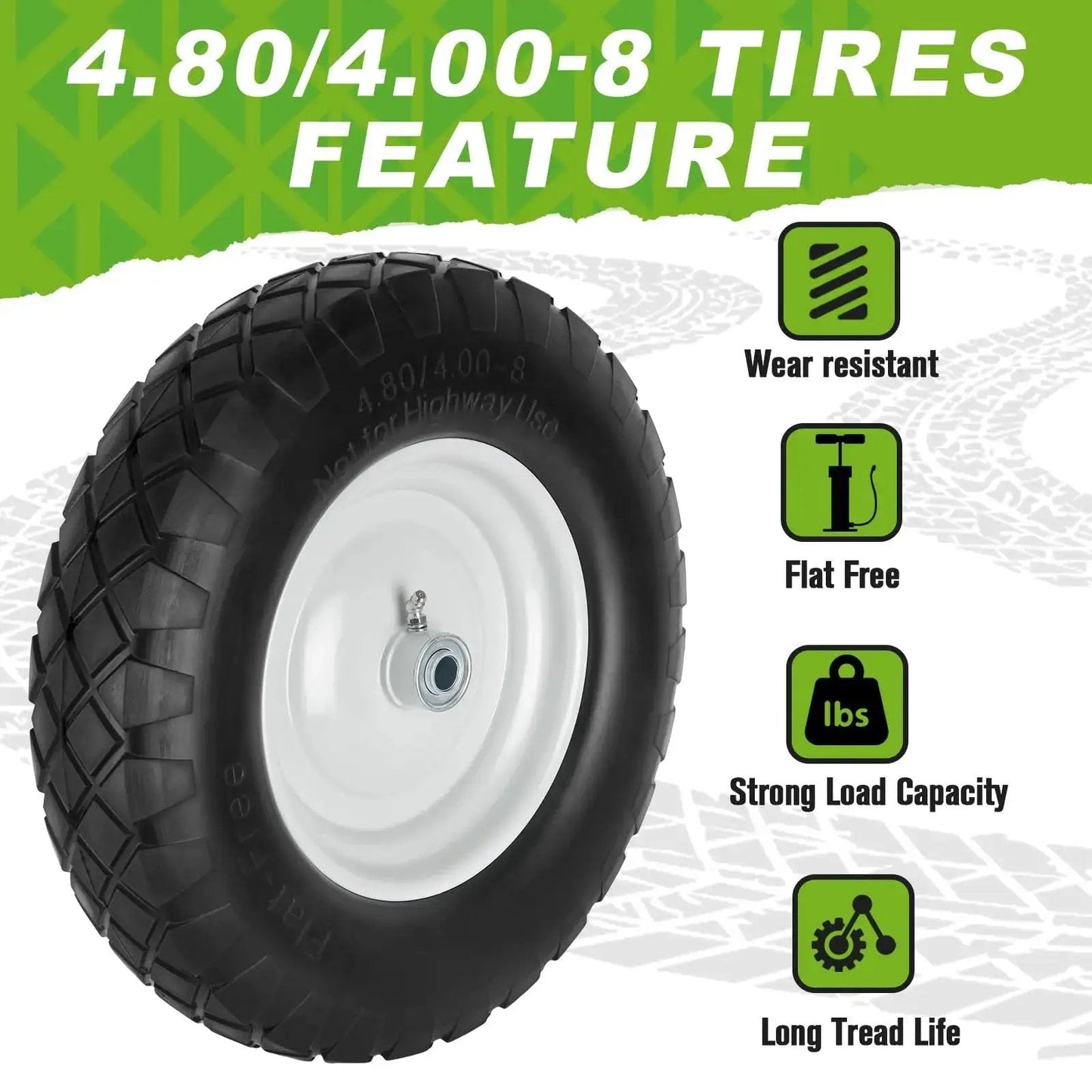 4.80 4.00 8 Flat Free Wheel And Tire for wheelbarrows, shown in front view with text on wear resistance and load capacity.
