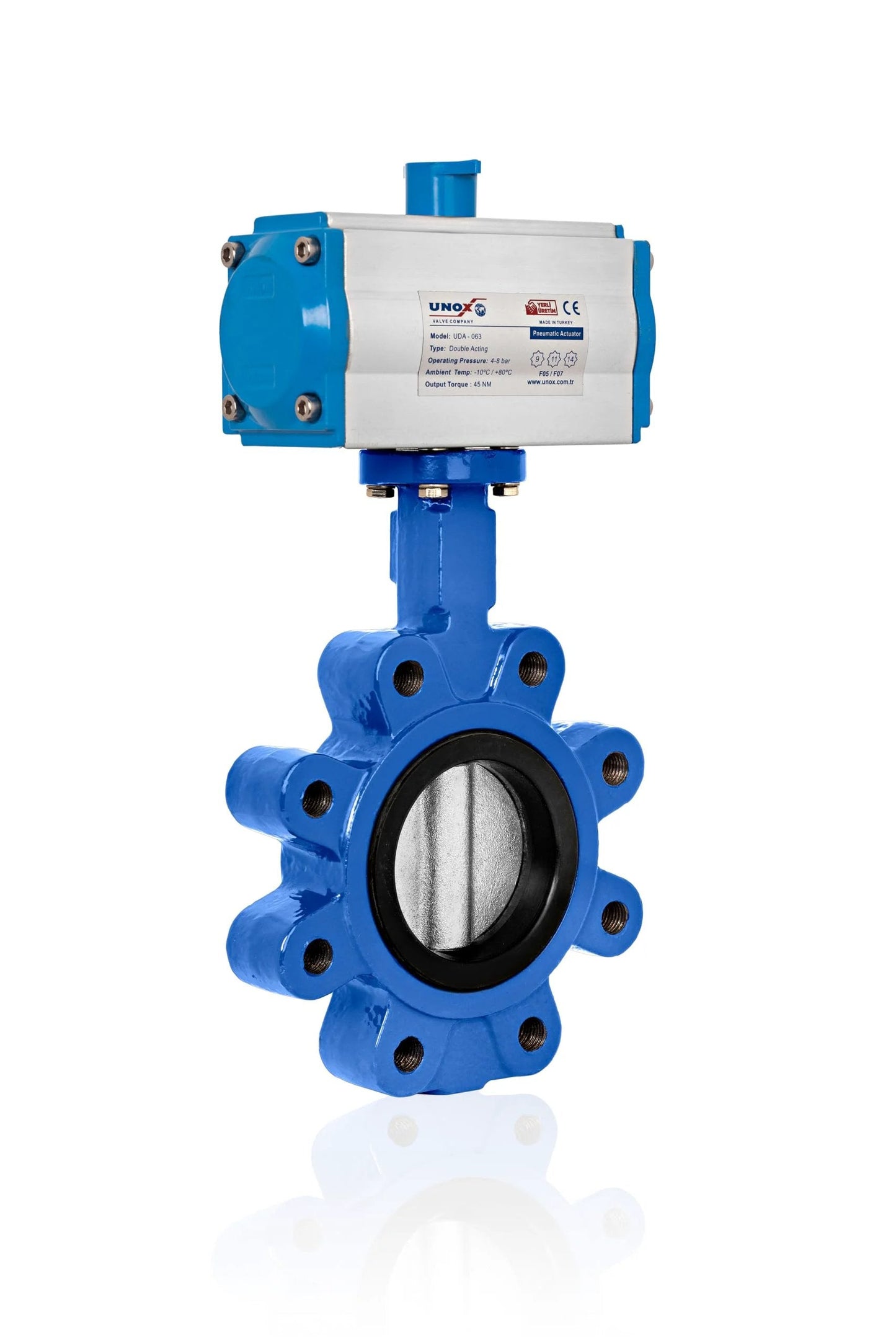 Heavy Duty Pneumatic Actuated Butterfly Valve 8 Inch Lug Type For DN200 Double Acting 230 PSI Stainless Steel AISI304 Disc With GGG-40.3 Sfero Casting Body EPDM Seat For Water And Air UNOX