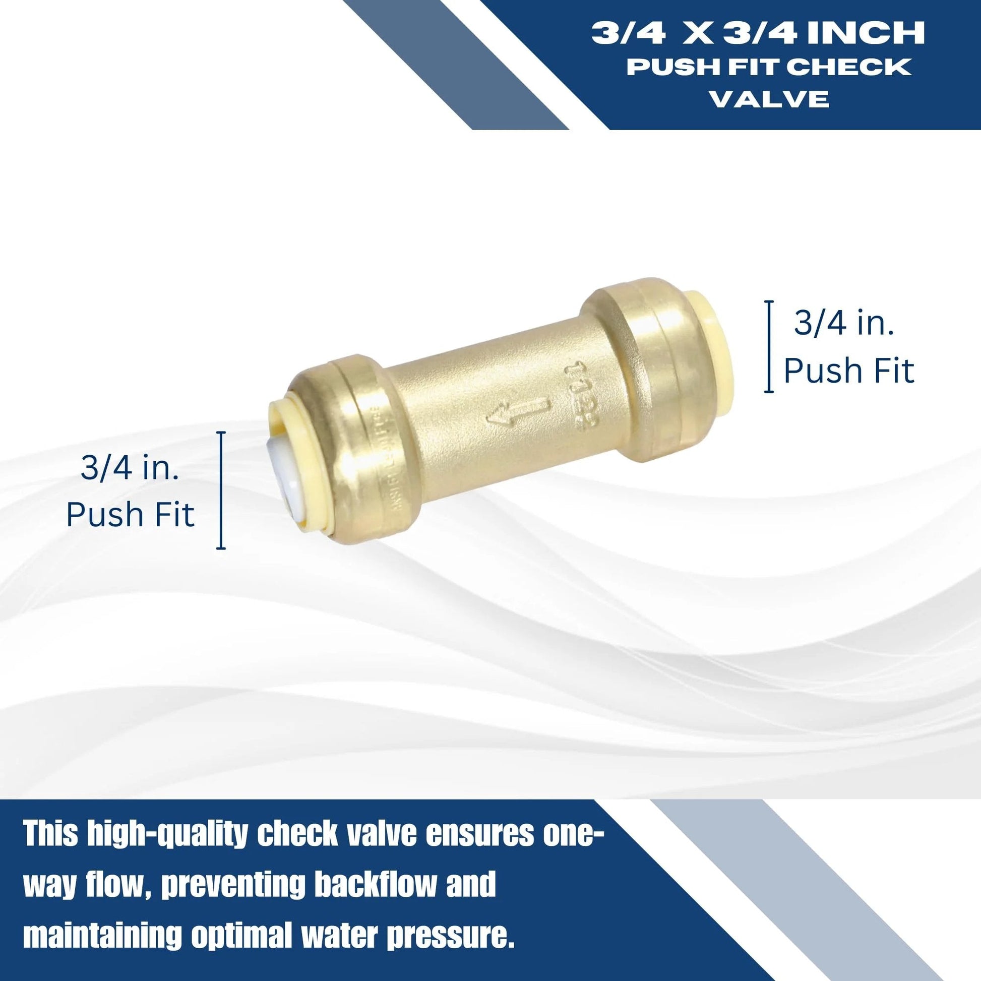 Push Fit Check Valve 3/4 Inch by 3/4 Inch Brass Lead Free For Copper CPVC PEX Pipes NSF ANSI 61 ASSE 1061 Certified