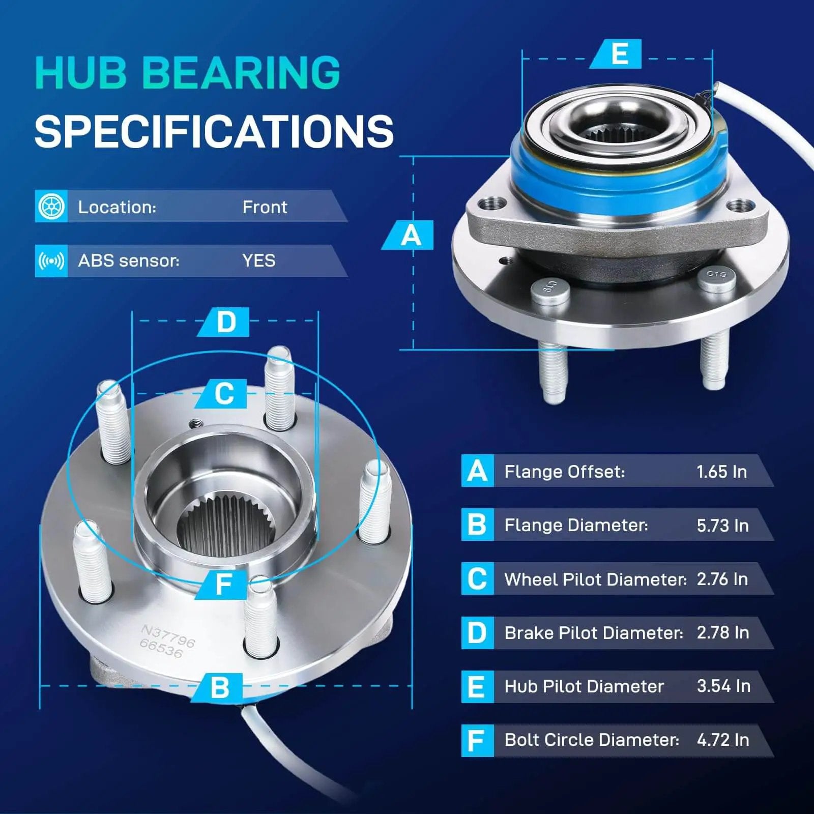 Front wheel hub bearing assembly 2-pack for Chevy Impala 2000-2011, Uplander; Pontiac Grand Prix; showing specifications and dimensions
