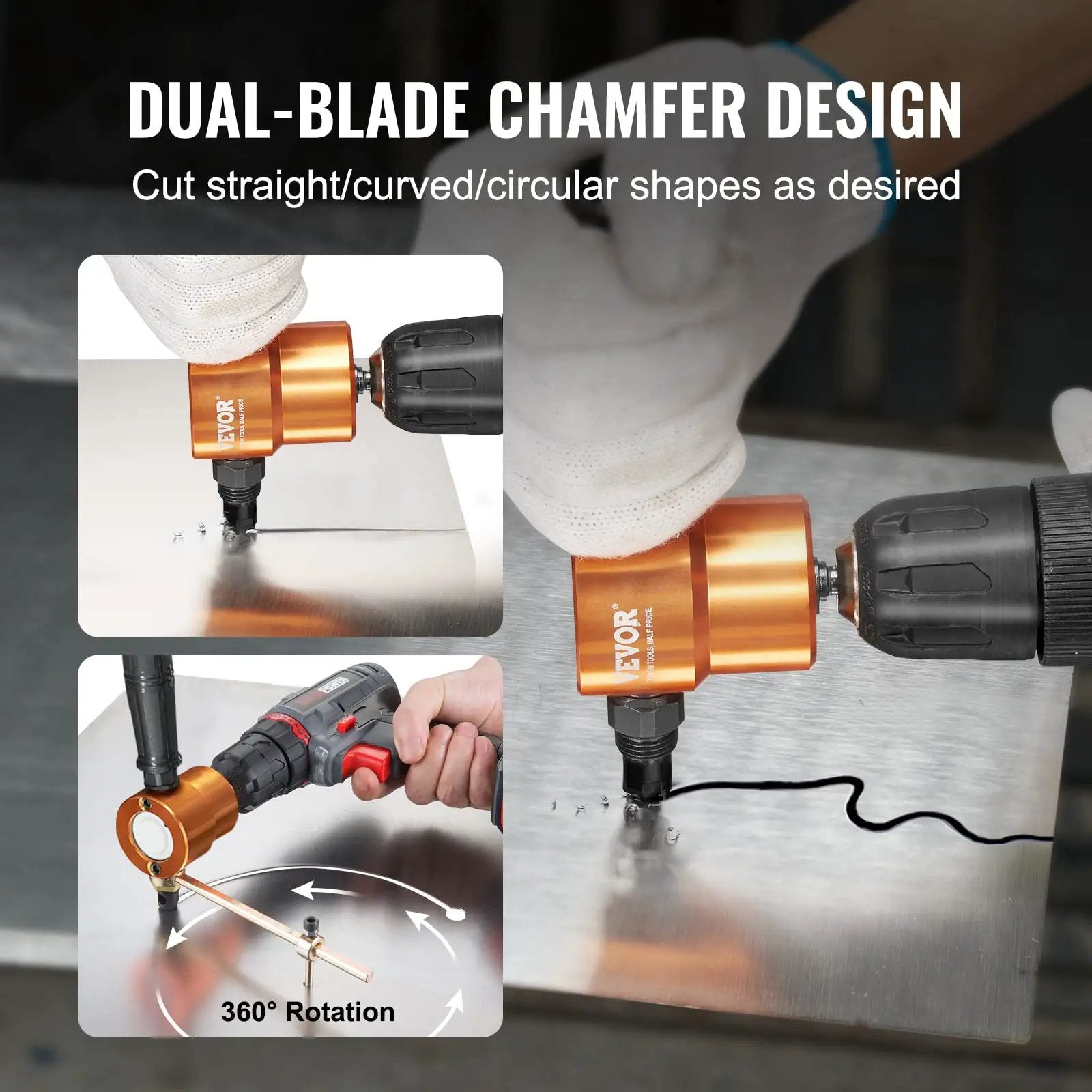 Double Head Sheet Metal Nibbler Cutter For Drills, 360 Degree Cutting Attachment in use for straight and curve cuts on metal sheet